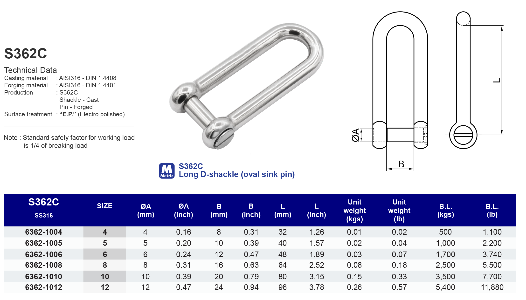 S362C Long D-Shackle (oval sink pin)