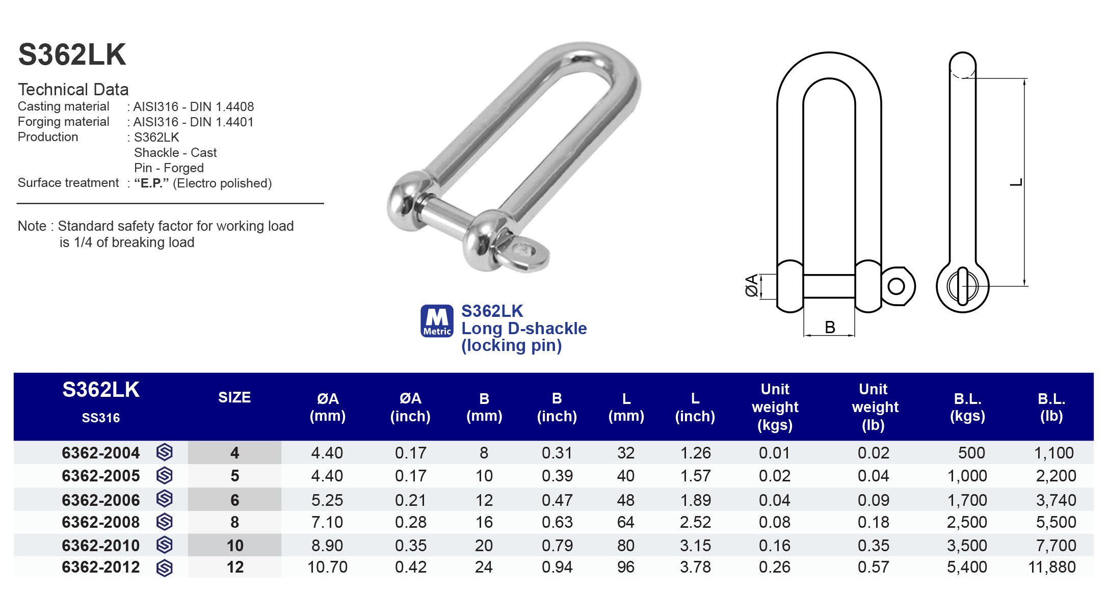 S362LK Long D-shackle (locking pin) - 316