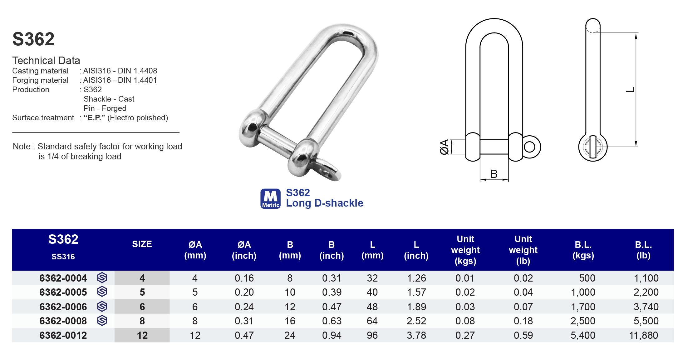 S362 Long D-shackle - 316
