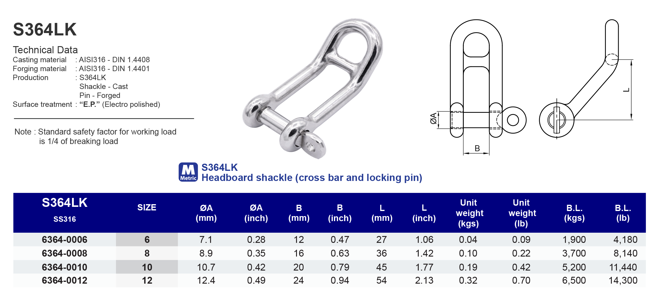 S364LK Headboard shackle (cross bar and locking pin) - 316