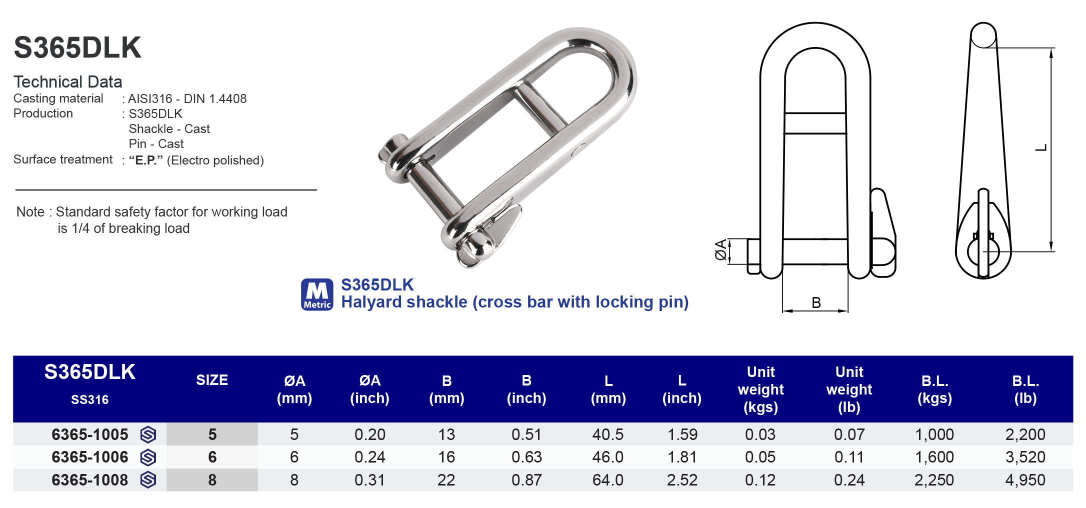 S365DLK Halyard shackle (cross bar with locking pin) - 316