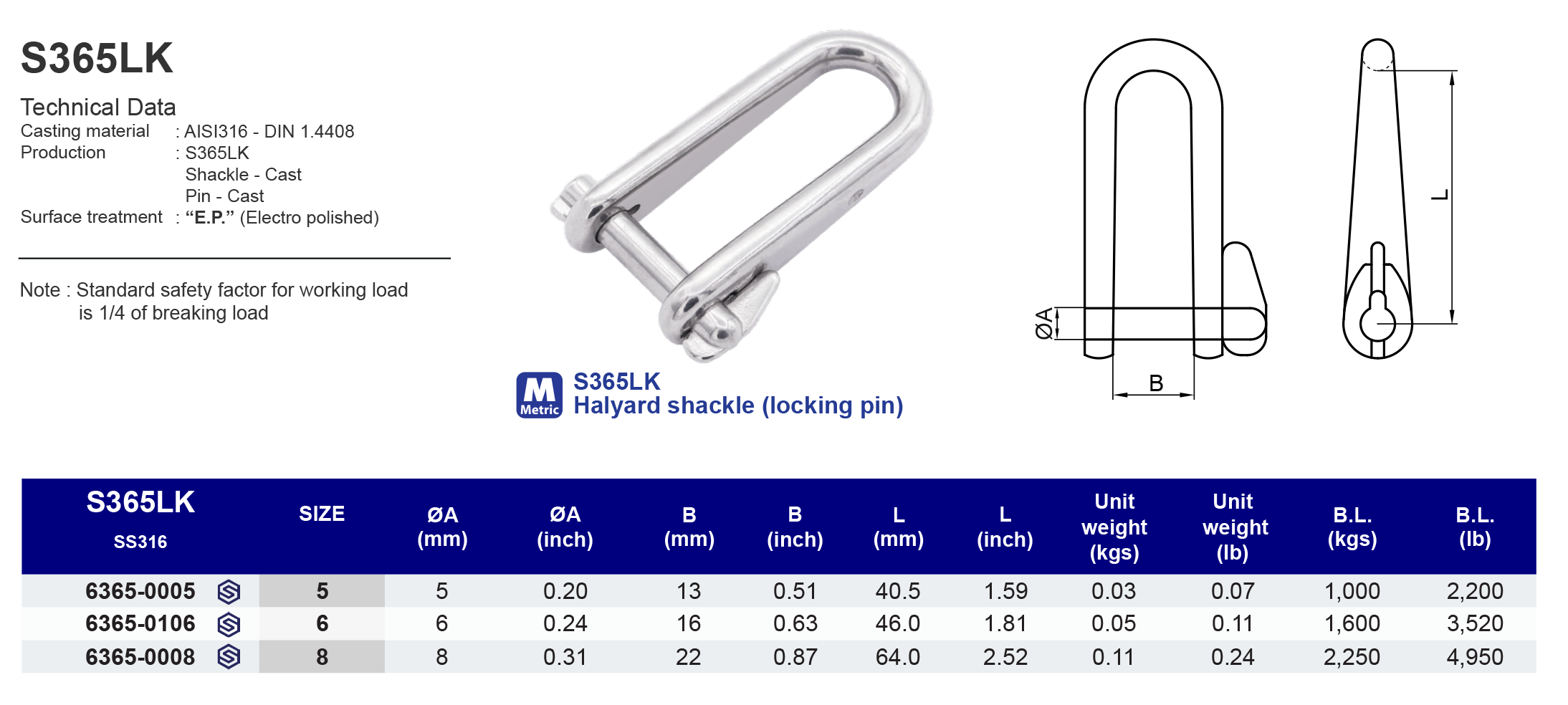 S365LK Halyard shackle (locking pin) - 316