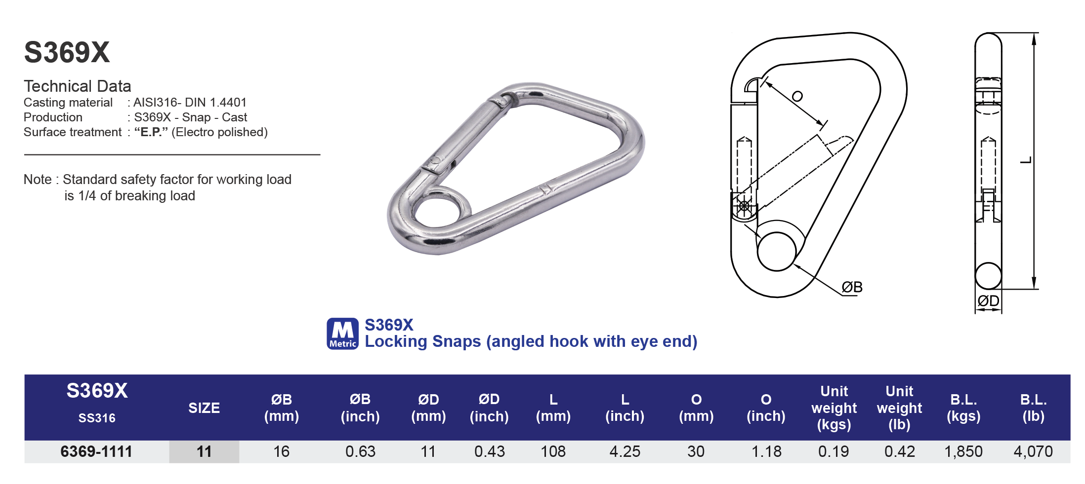S369X Locking Snaps (angled hook with eye end)