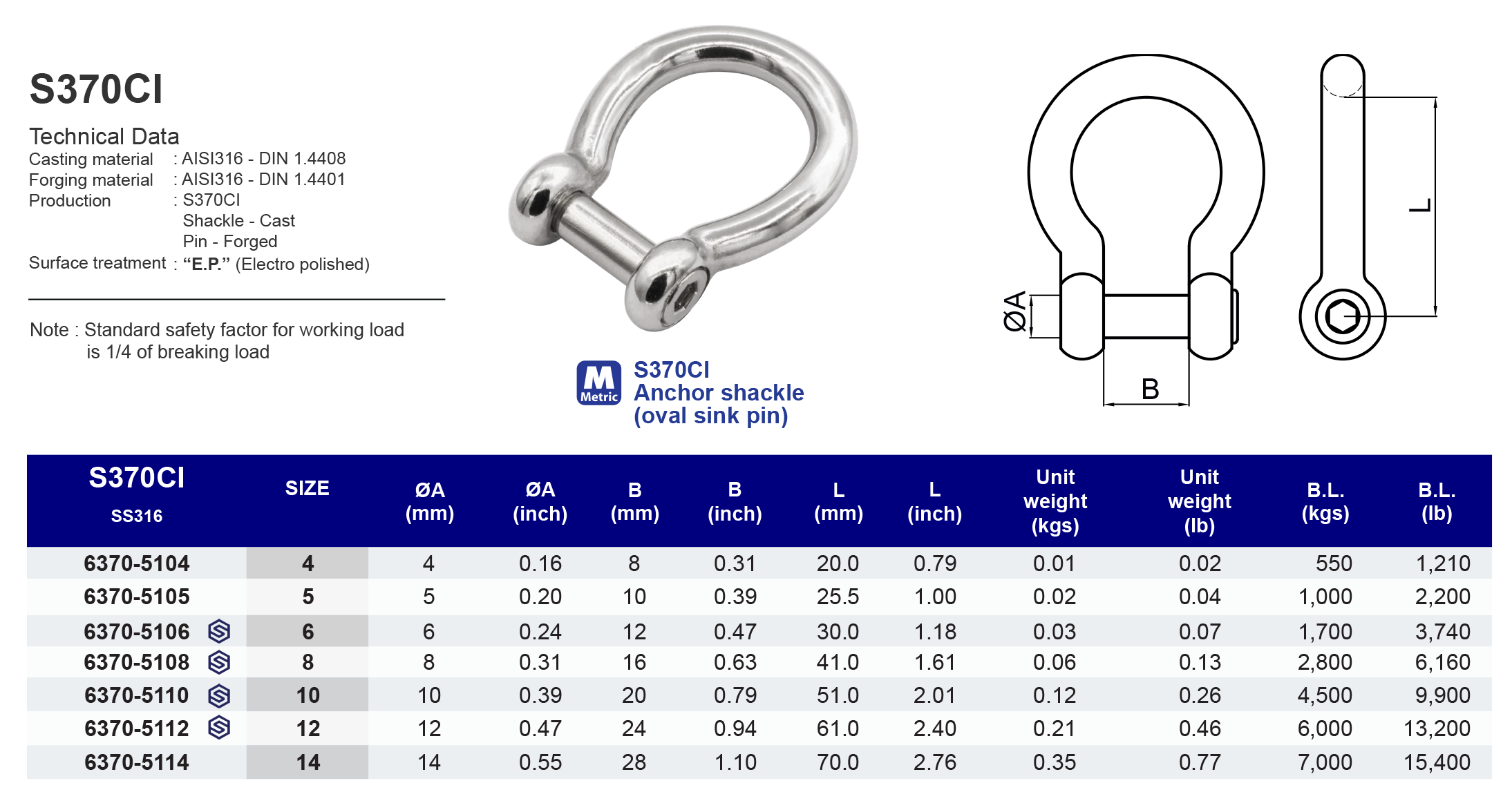 S370CI Anchor shackle (oval sink pin) - 316