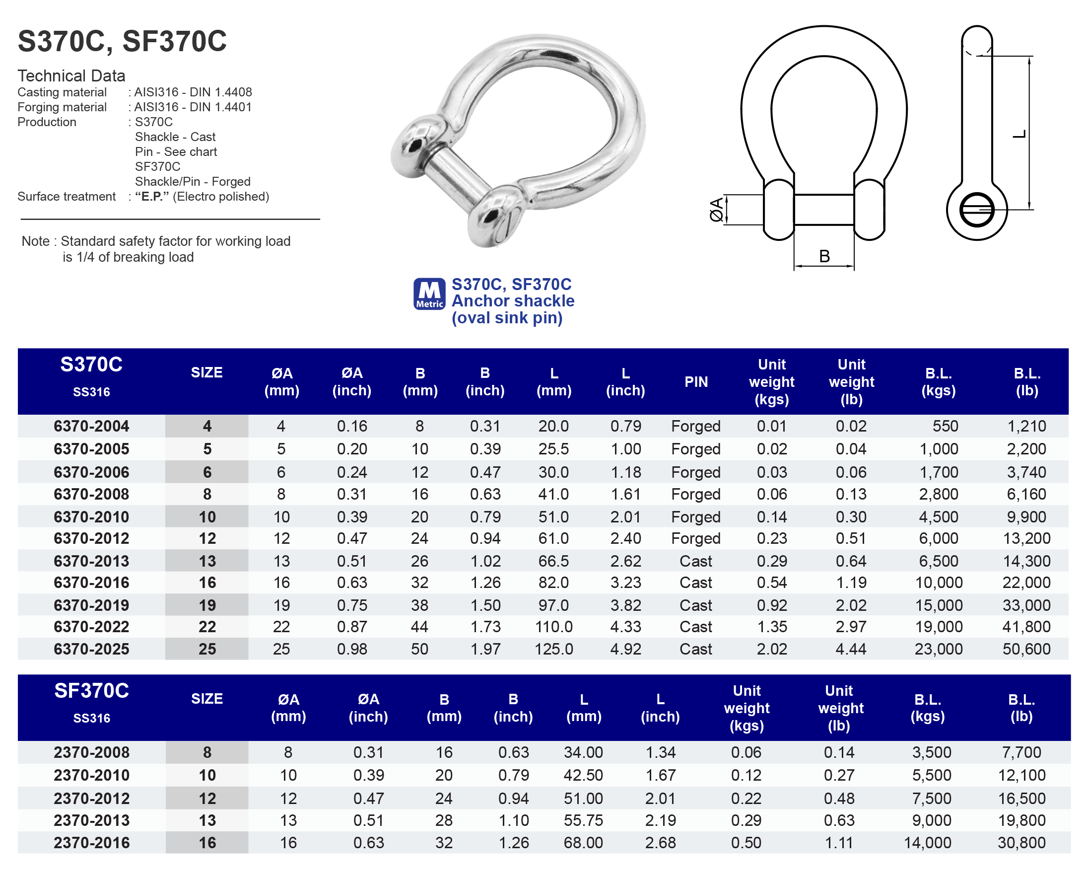 S370C Anchor Shackle (oval sink pin) - 316
