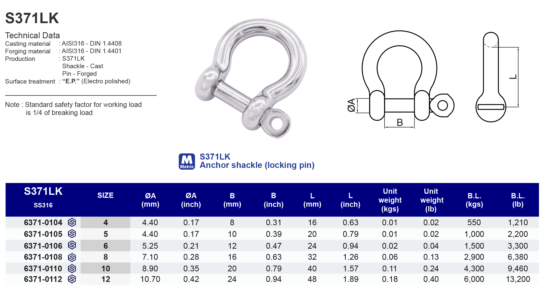 S371LK Anchor shackle (locking pin) - 316