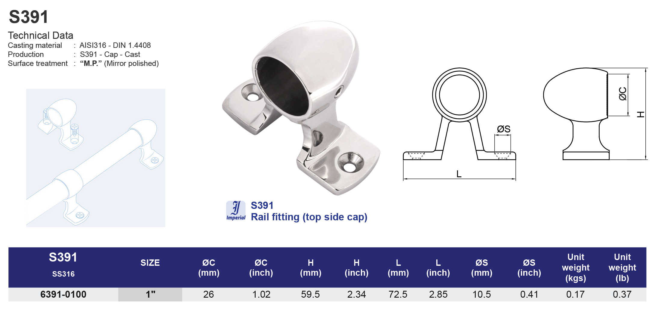 S391 Rail fitting (top side cap) - 316