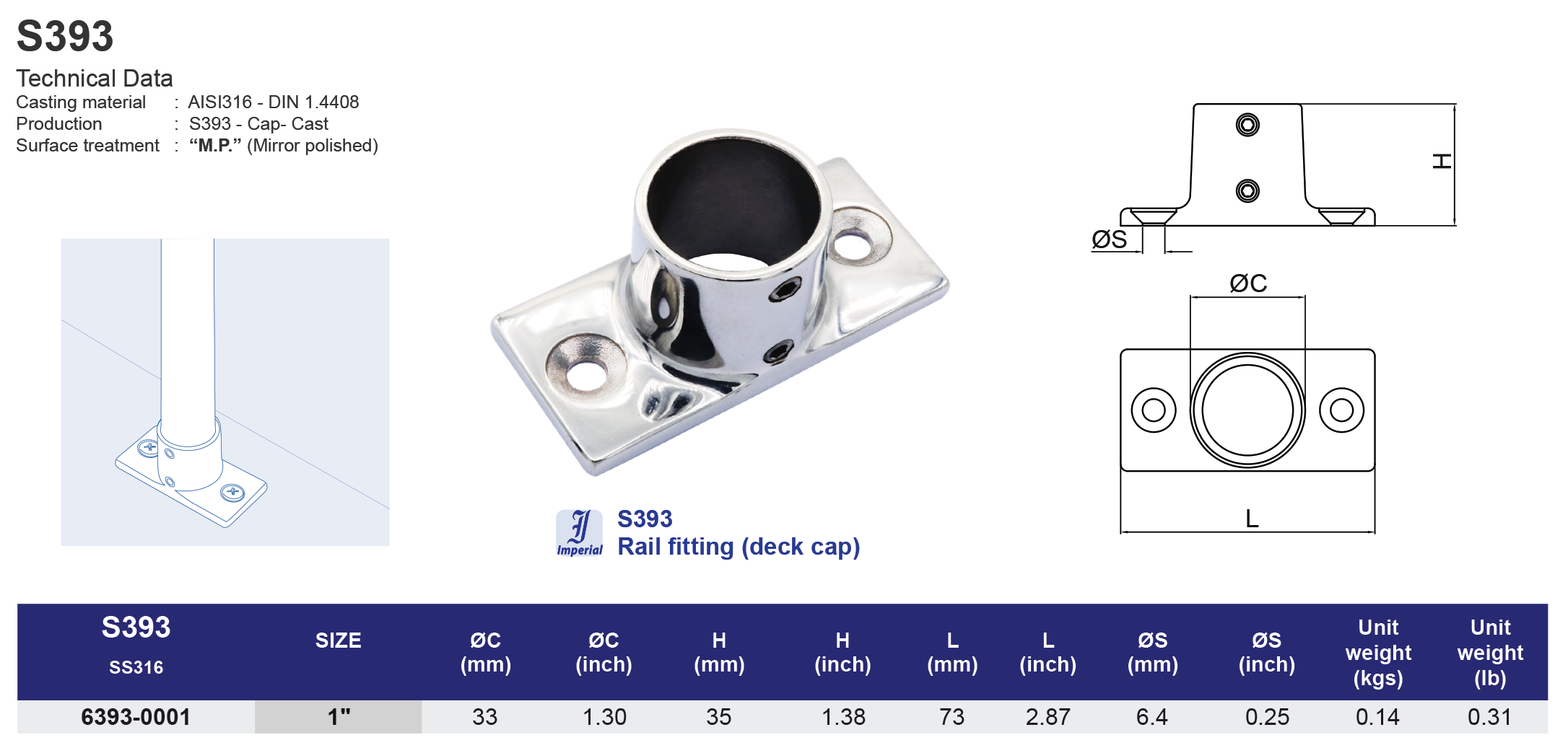 S393 Rail fitting (deck cap) - 316