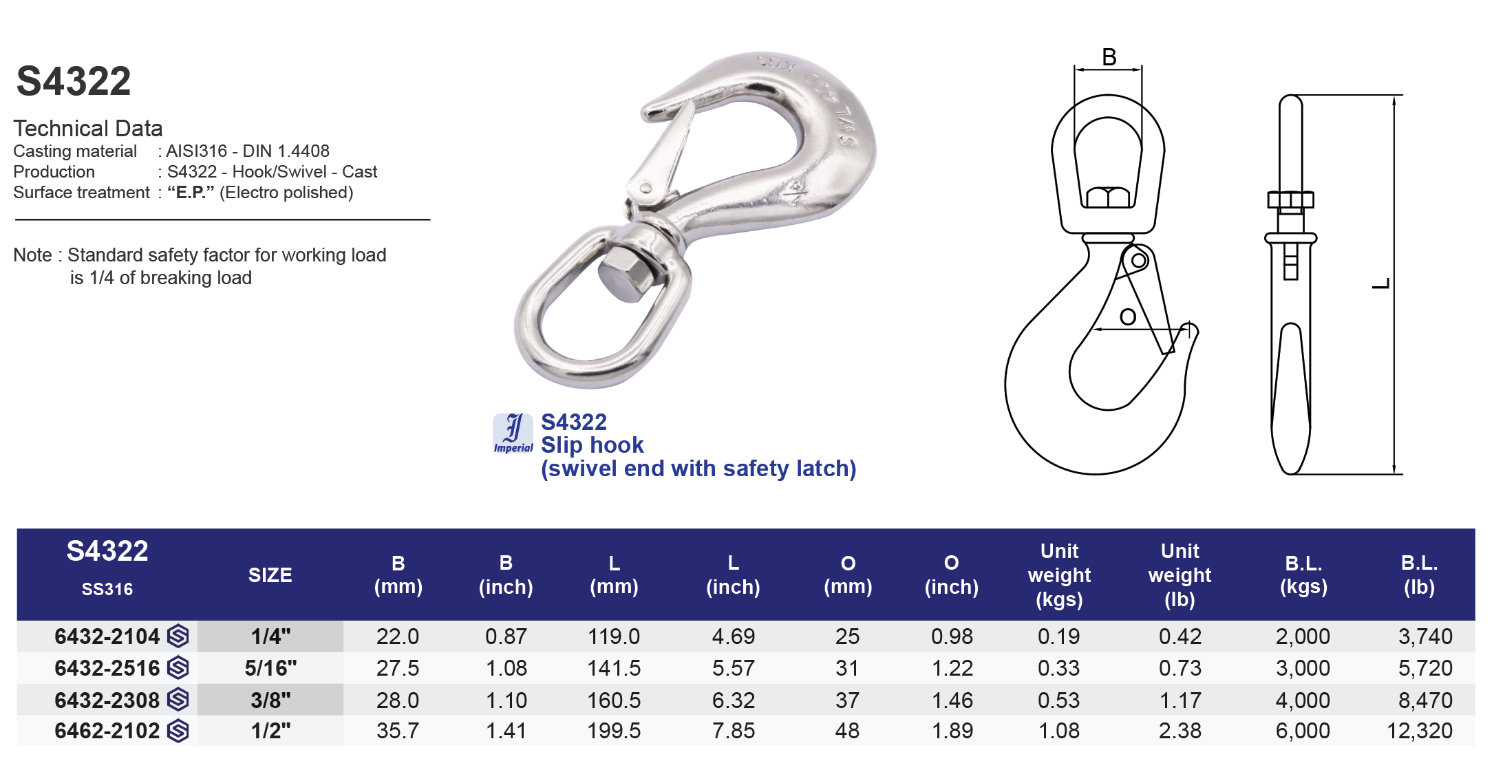 S4322 Slip hook (swivel end with safety latch) - 316
