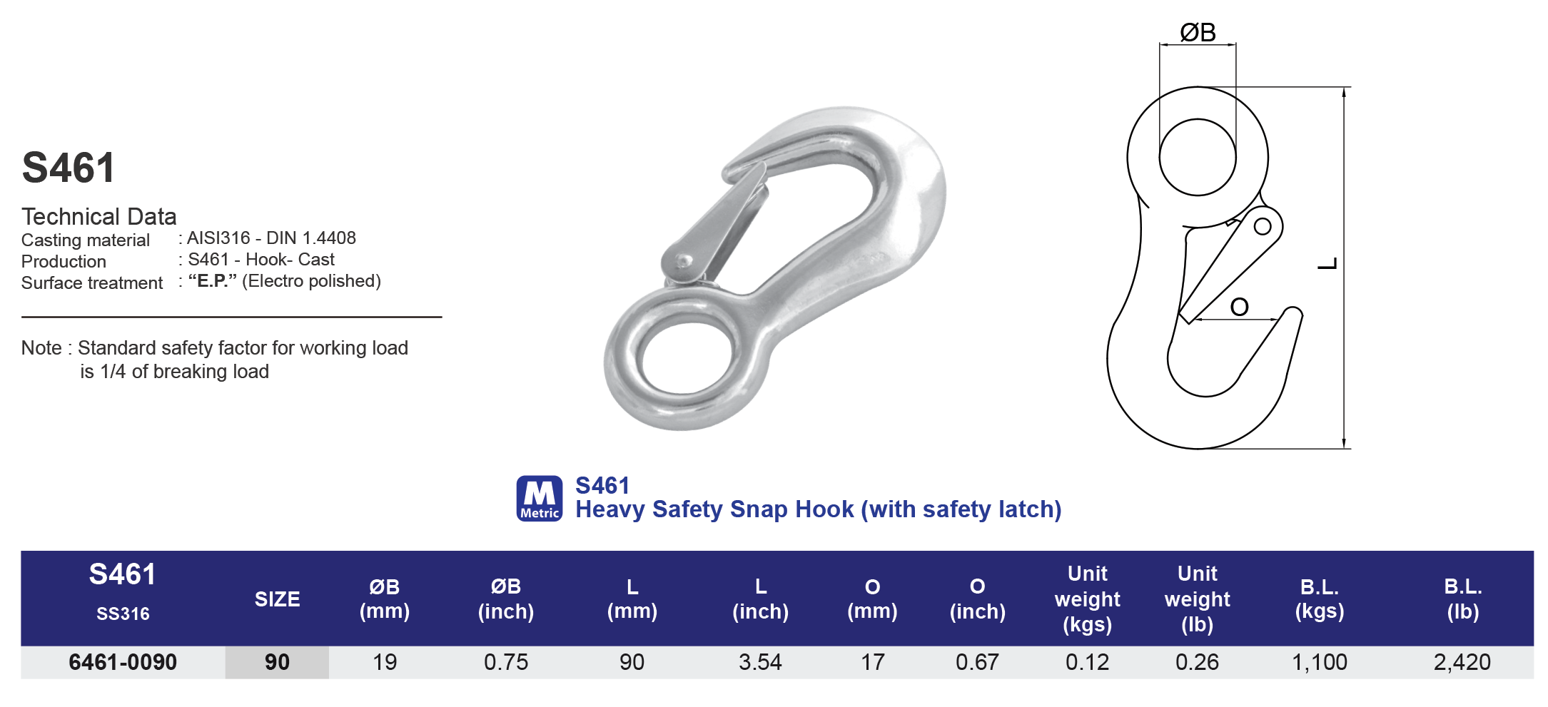 S461 Heavy Safety Snap Hook (with safety latch) - 316
