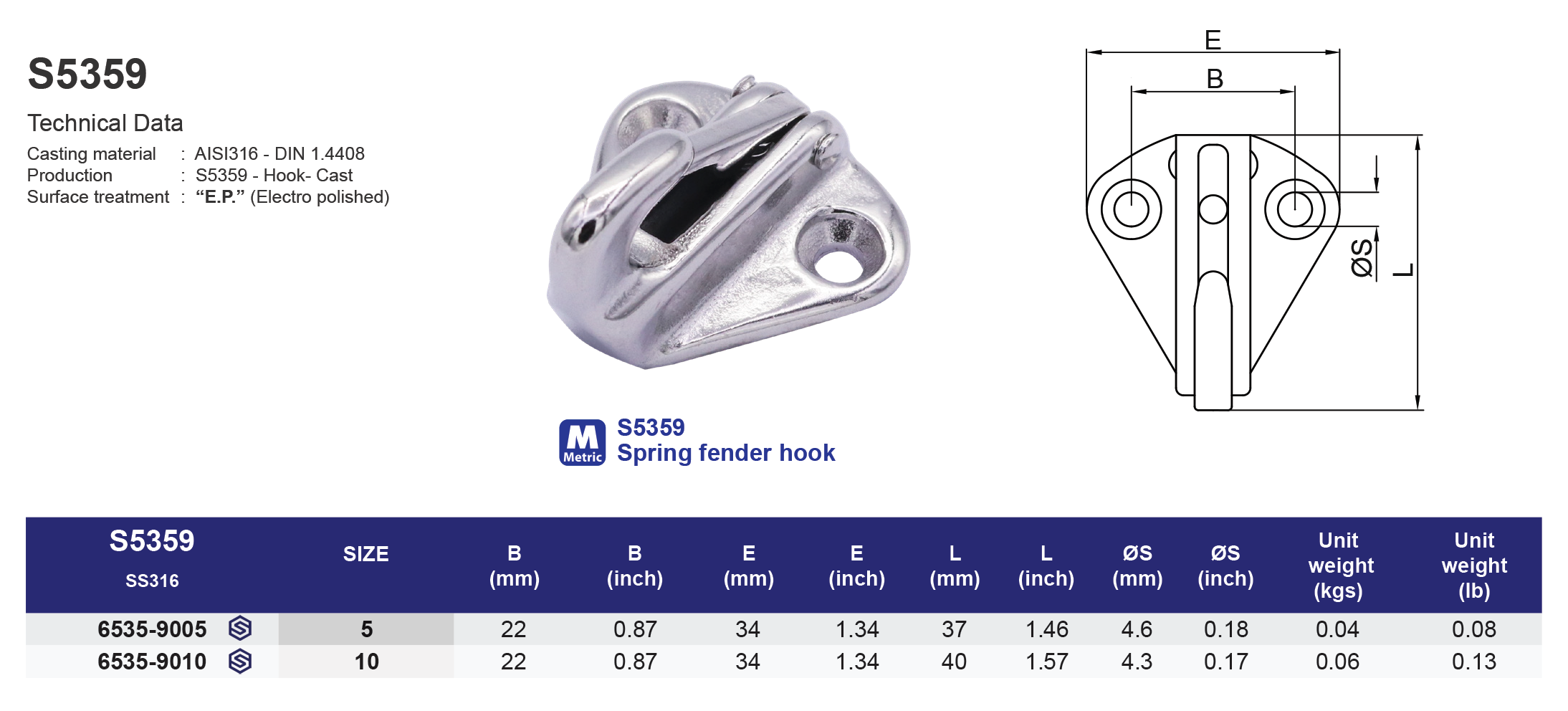 S5359 Spring fender hook - 316