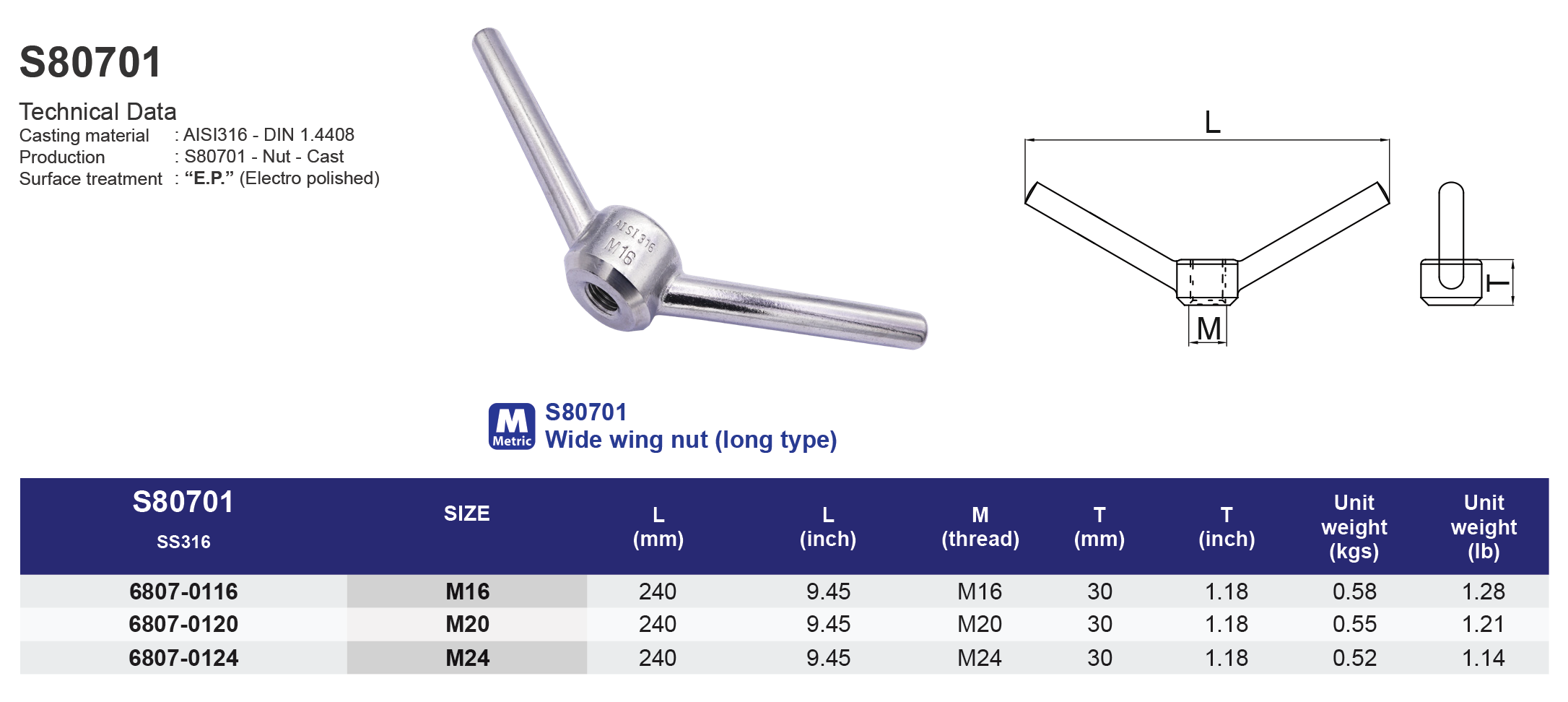 S80701 Wide wing nut (long type) - 316