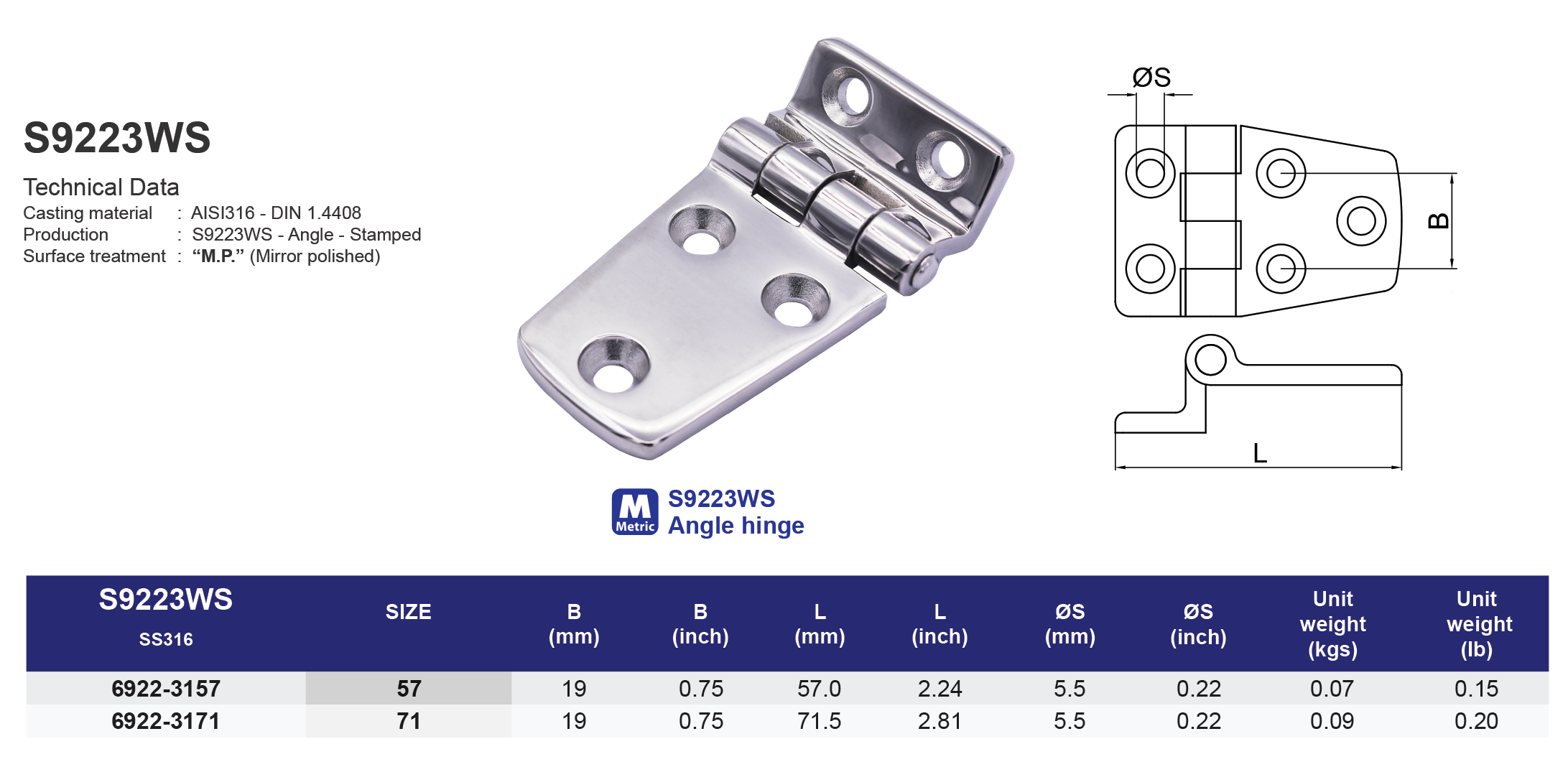 S9223WS Angle hinge - 316