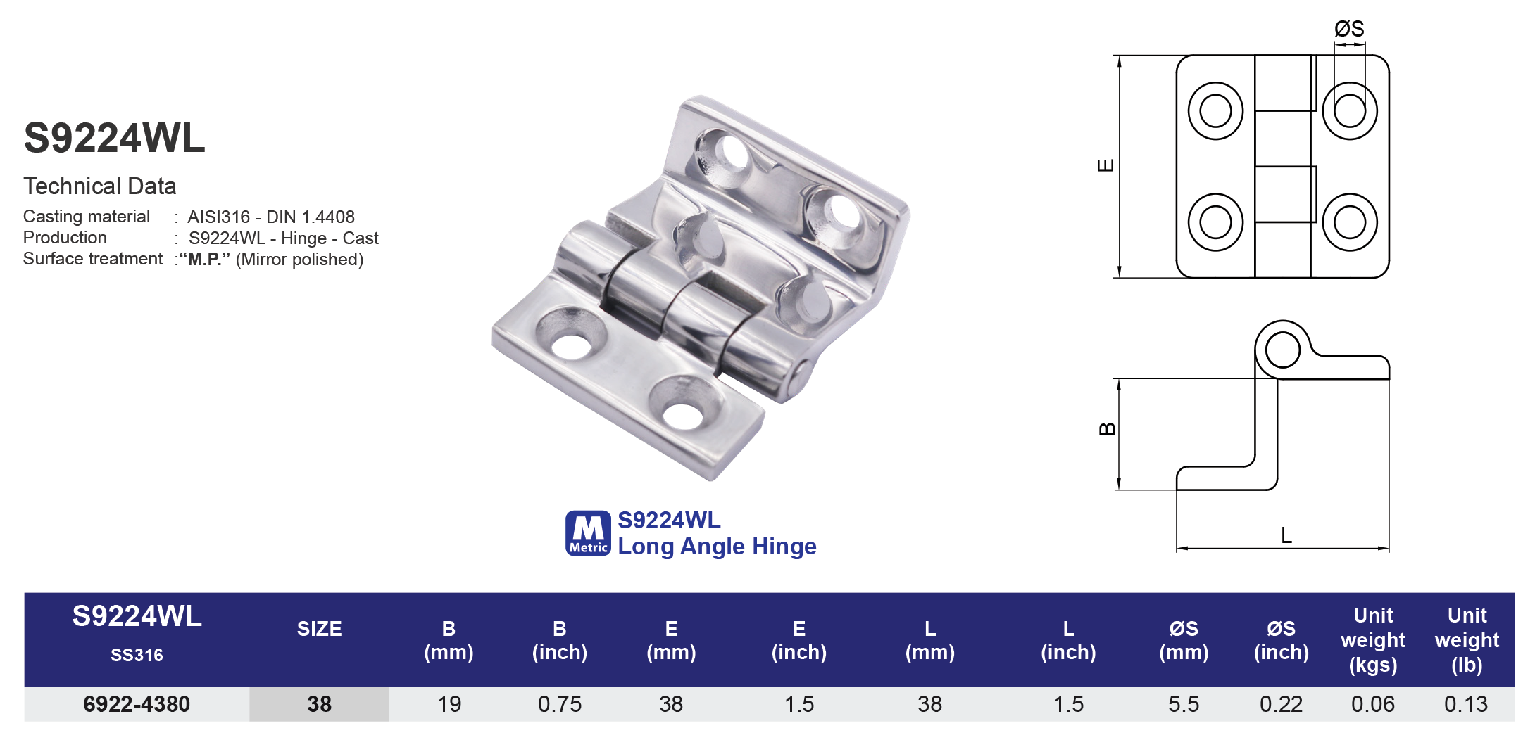 S9224WL Long Angle Hinge