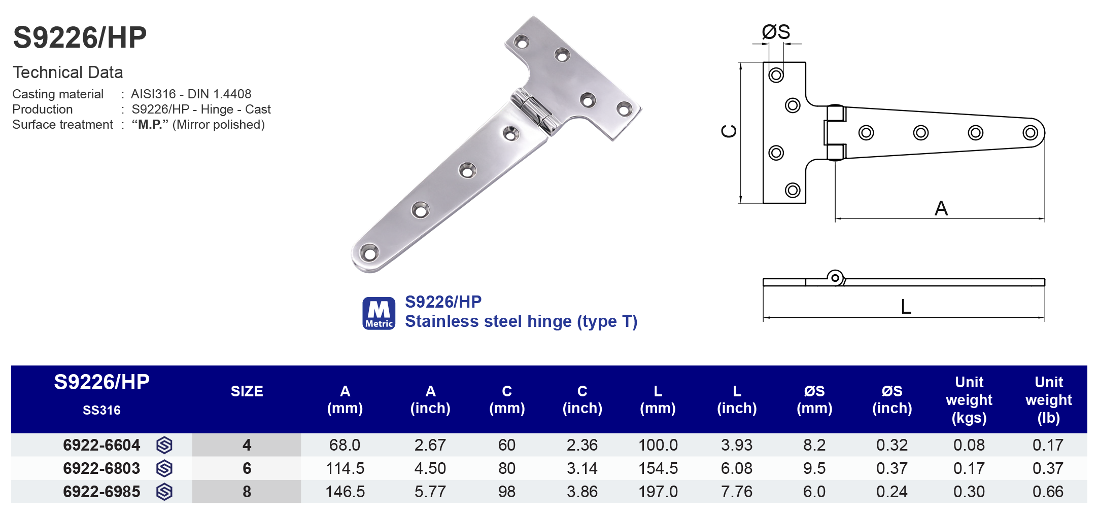S9226/HP Stainless steel hinge (type T) - 316