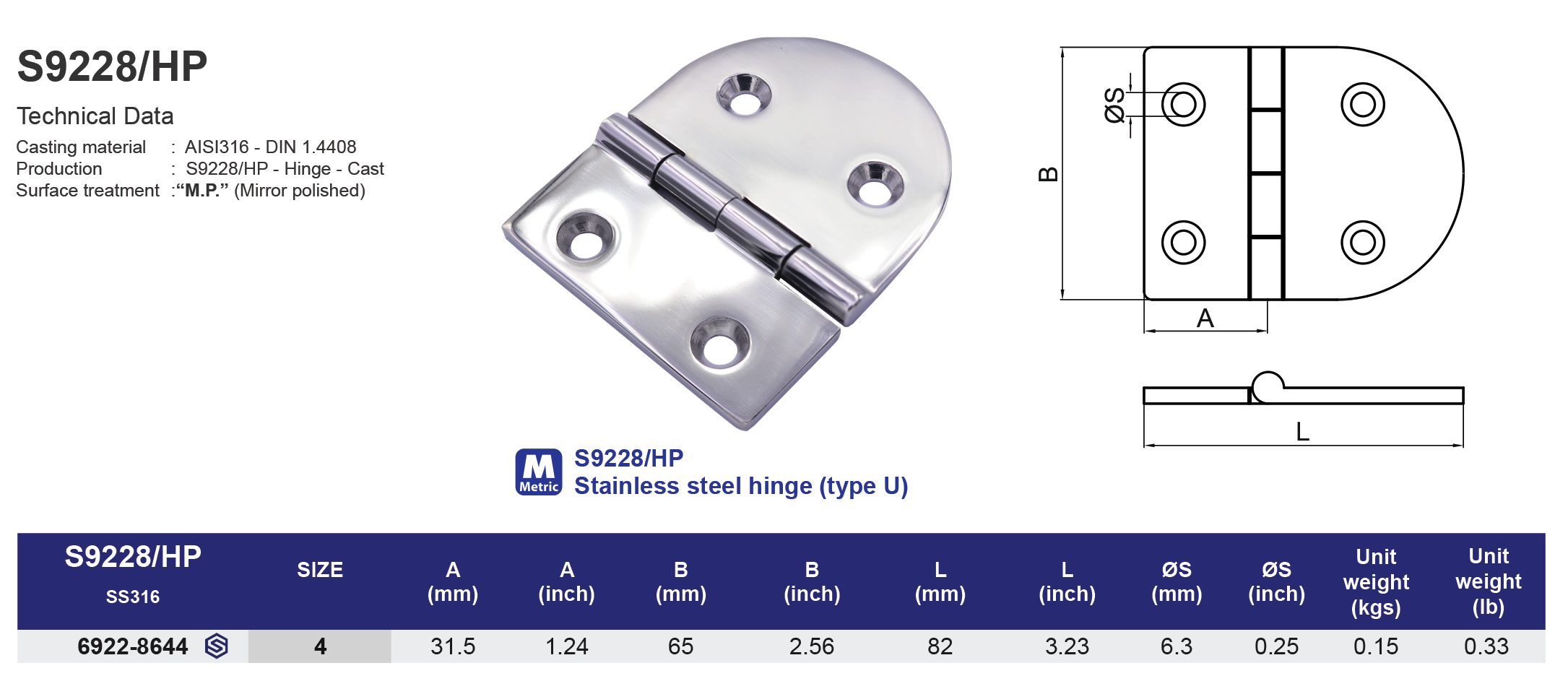 S9228/HP Stainless steel hinge (type U) - 316