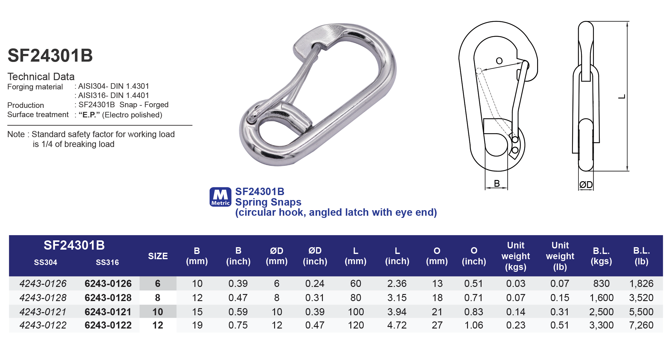 SF24301B Spring Snaps (circular hook, angled latch with eye end) - 304