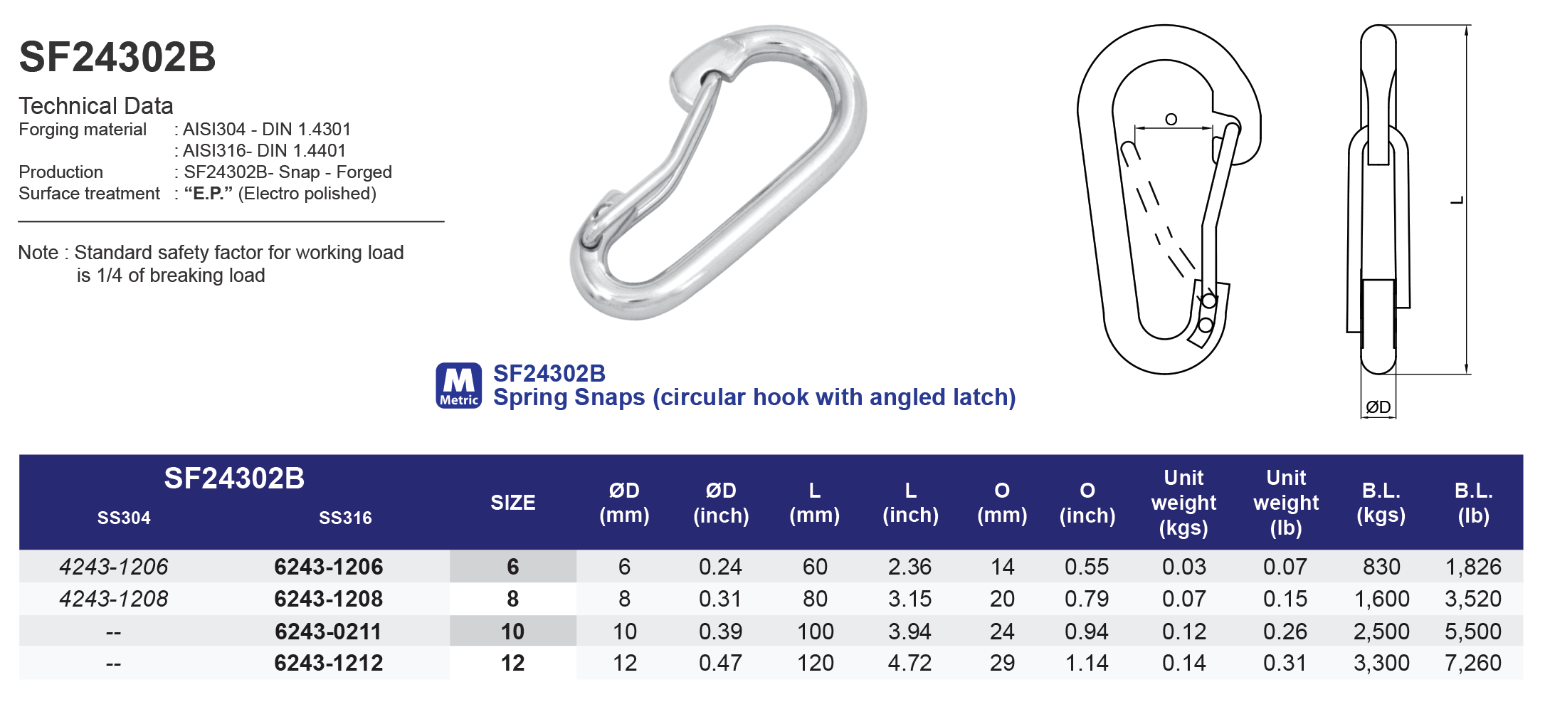 SF24302B Spring Snaps (circular hook with angled latch) - 304