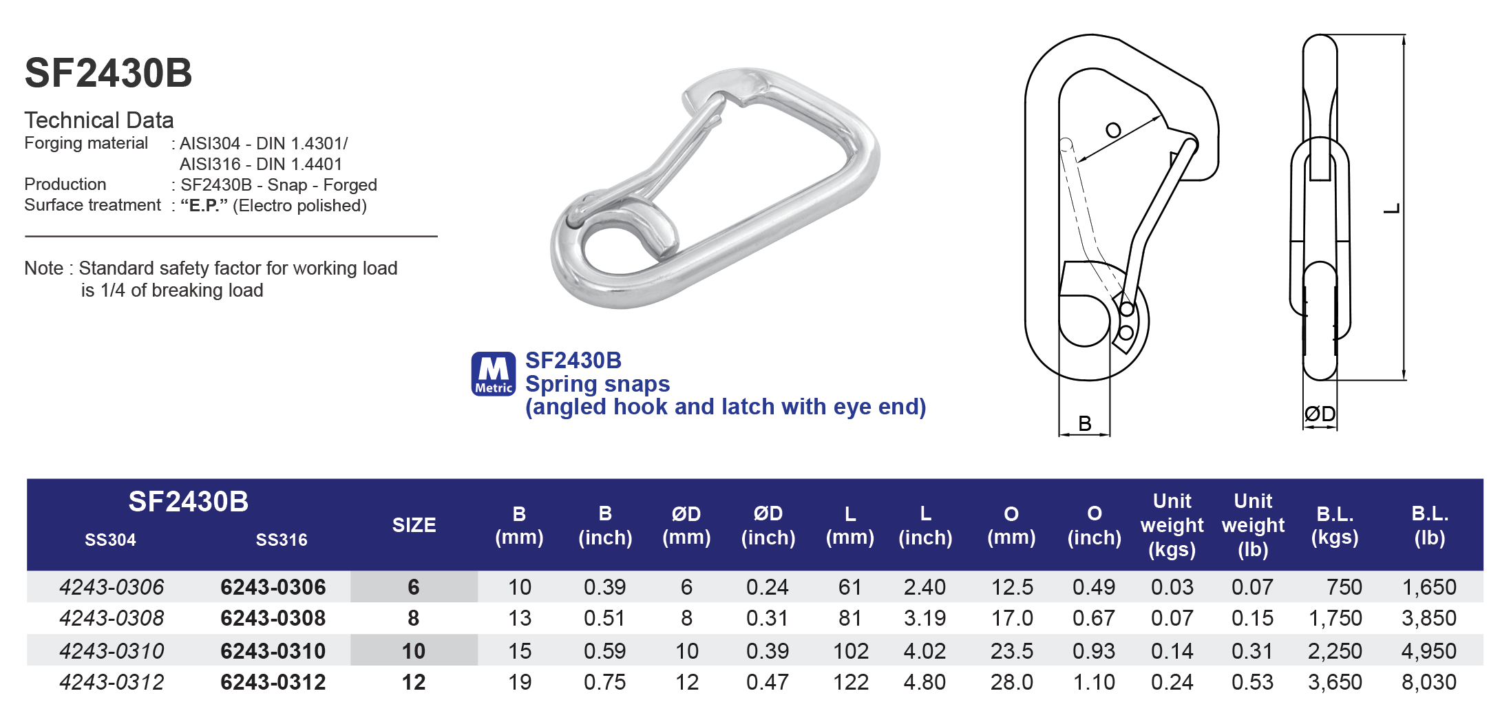 SF2430B Spring snaps (angled hook and latch with eye end) - 316