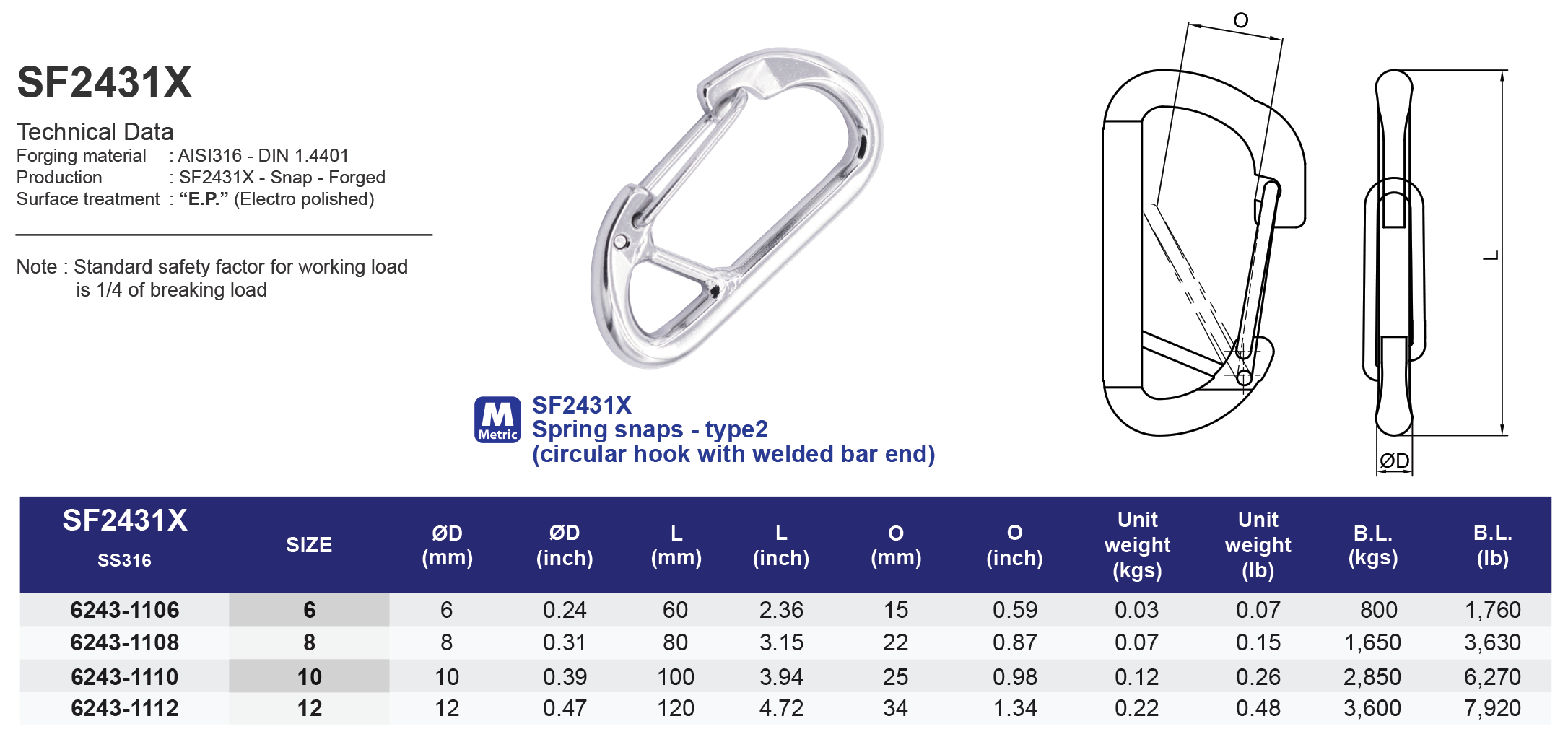 SF2431X Spring snaps - type2 (circular hook with welded bar end) - 316