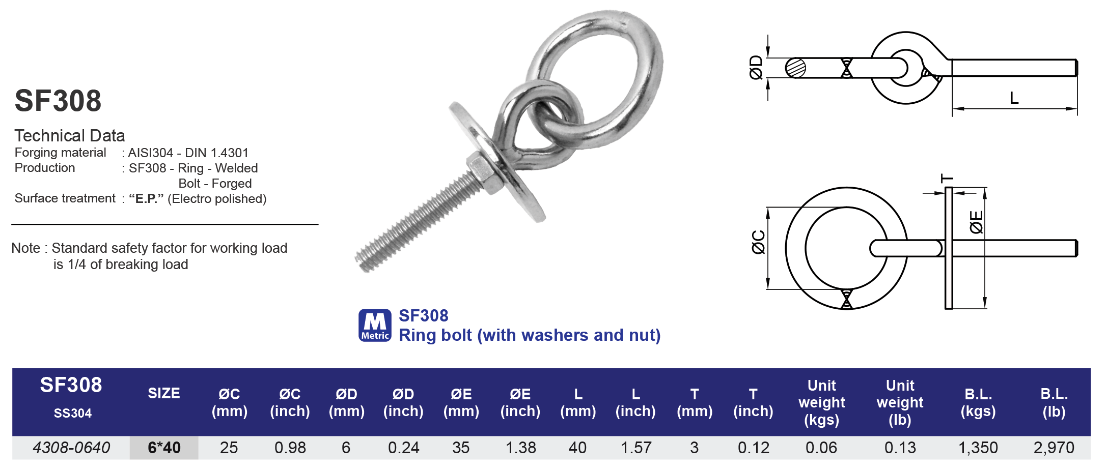 SF308 Lag Bolt (with wide washer and nut)