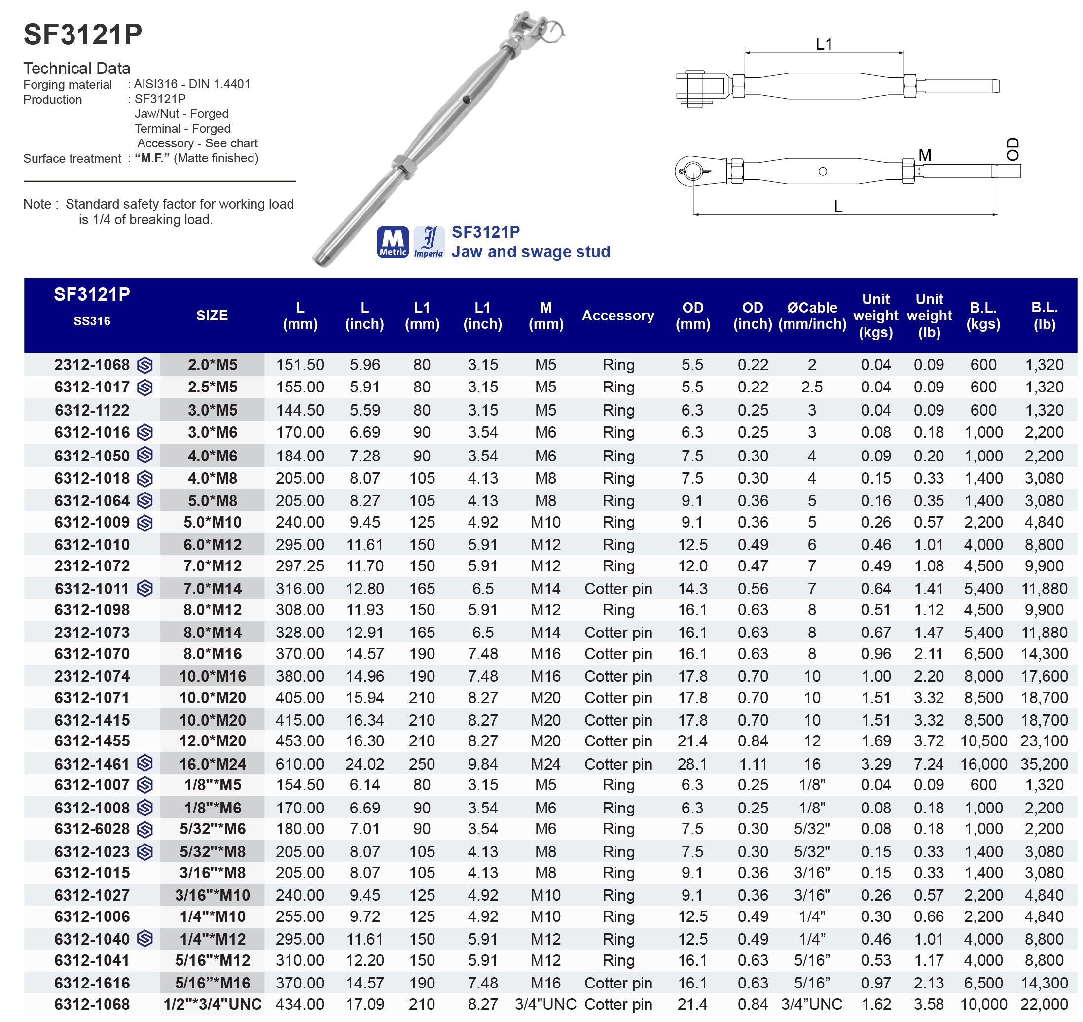 SF3121P Jaw and swage stud - 316