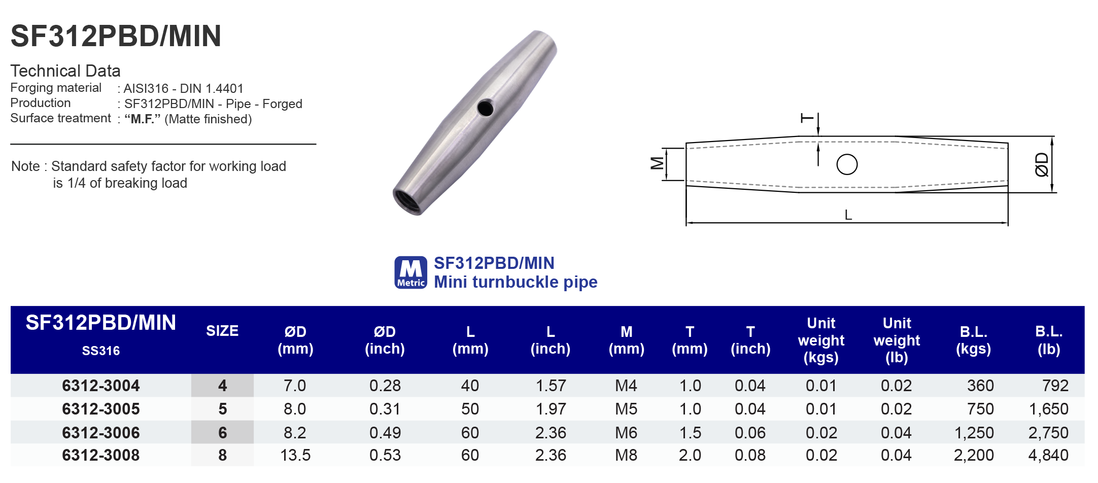 SF312PBD/MIN Mini turnbuckle pipe - 316