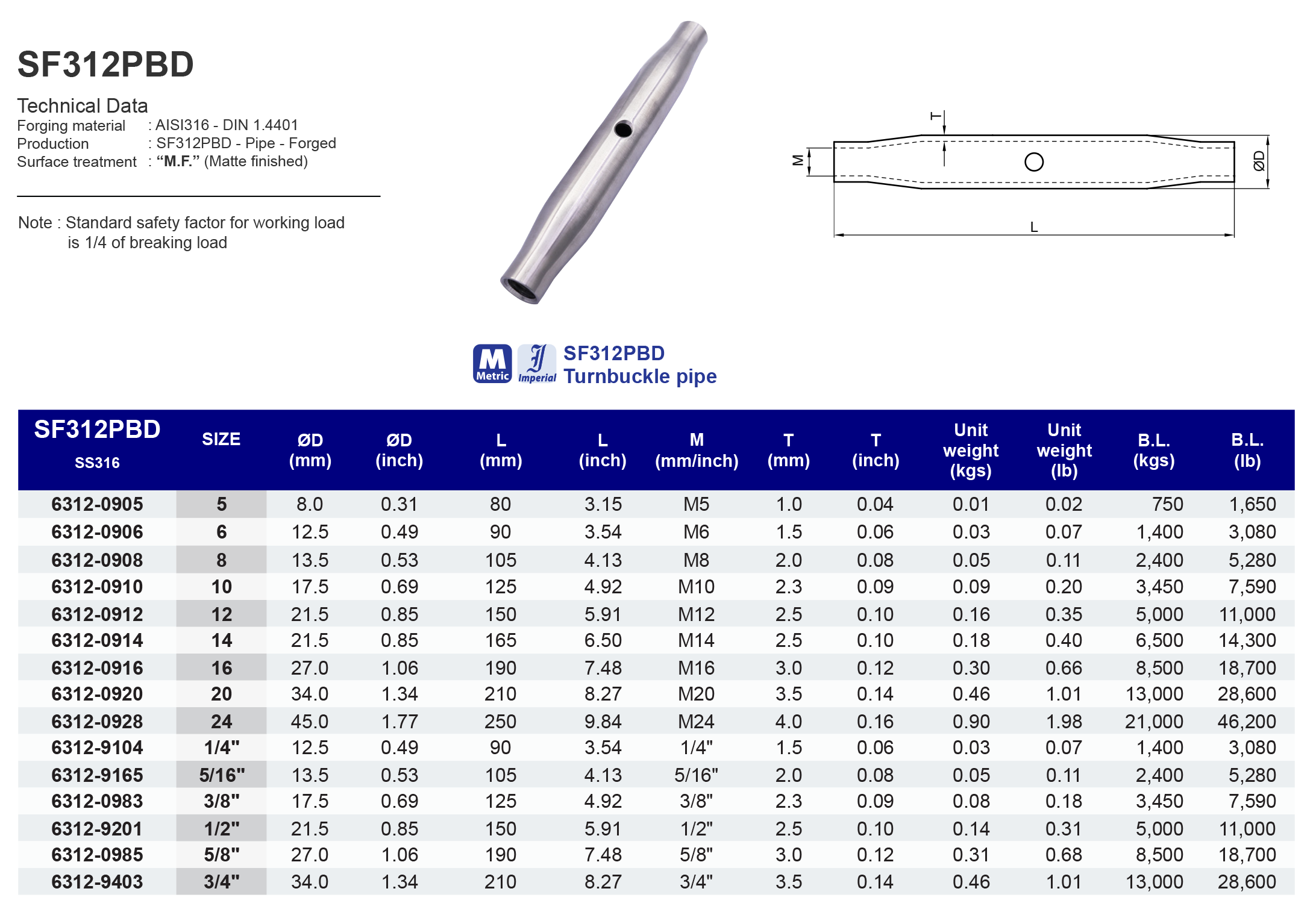 SF312PBD Turnbuckle pipe - 316