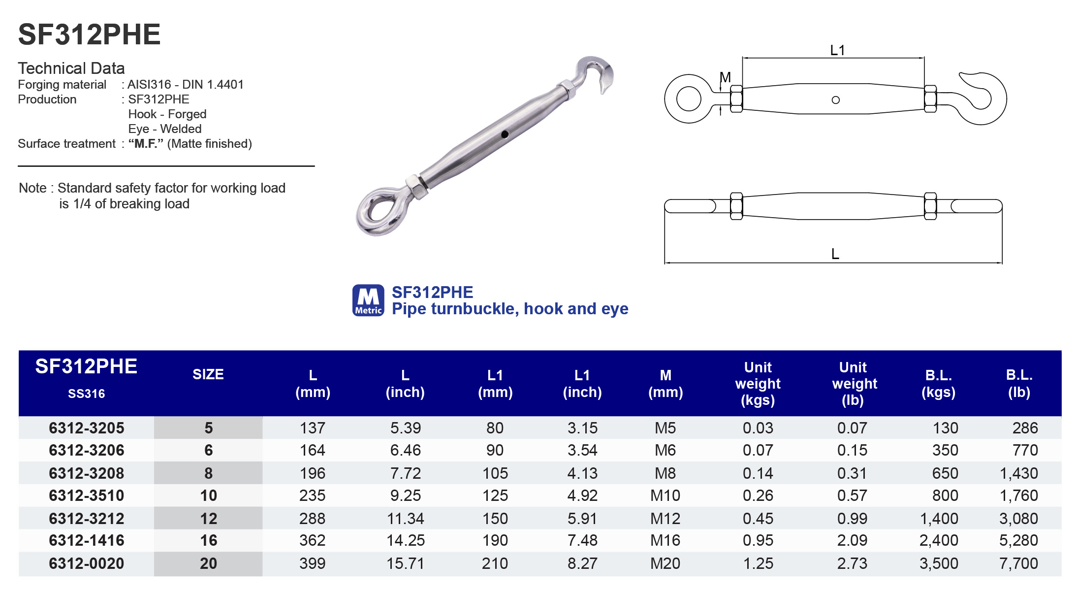 SF312PHE Pipe turnbuckle, hook and eye - 316