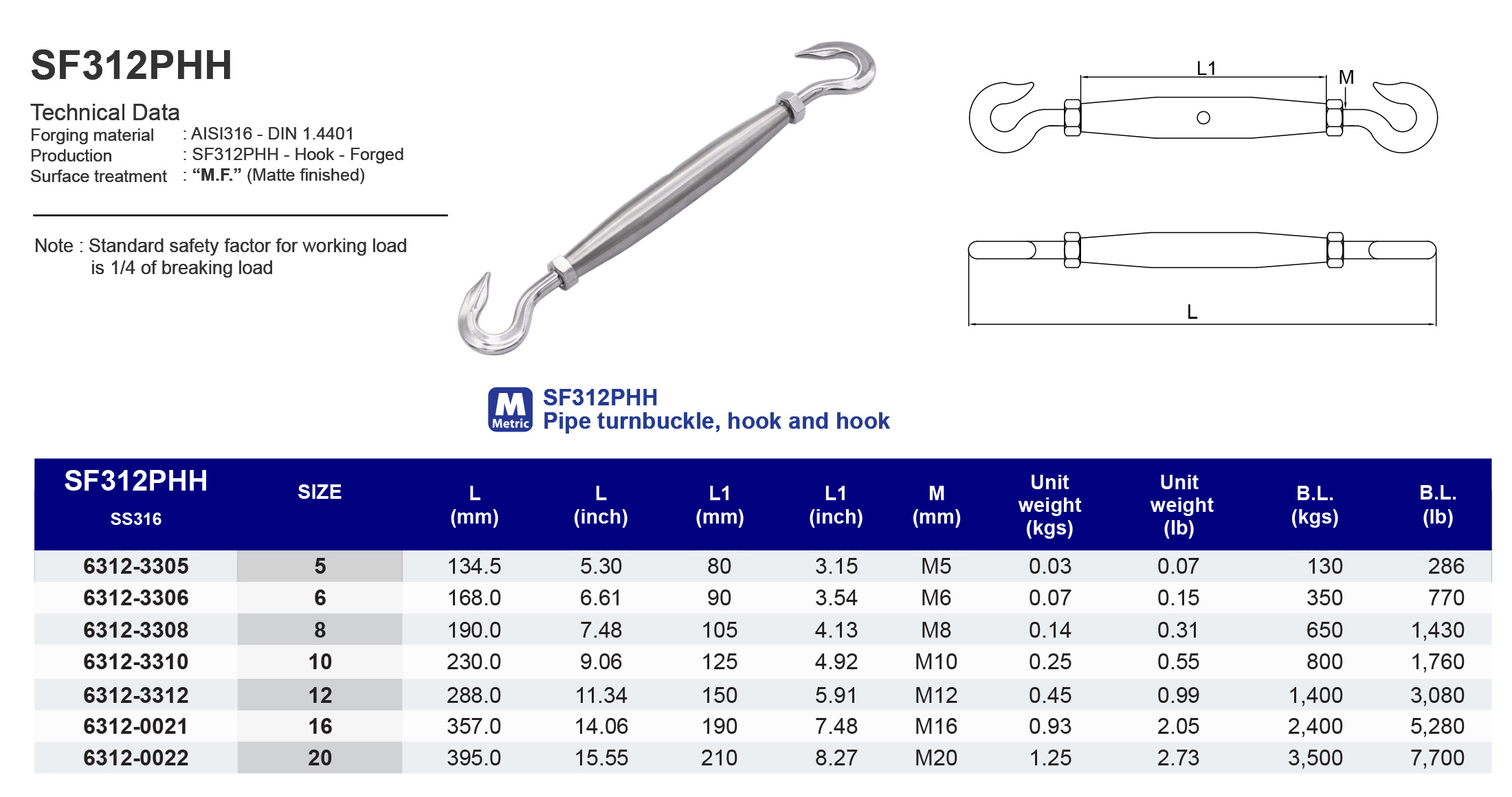 SF312PHH Pipe turnbuckle, hook and hook - 316