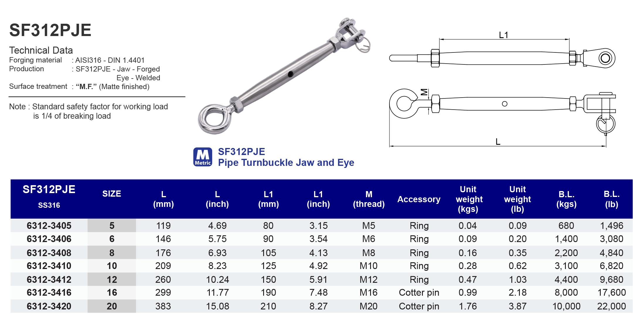 SF312PJE Pipe Turnbuckle Jaw and Eye