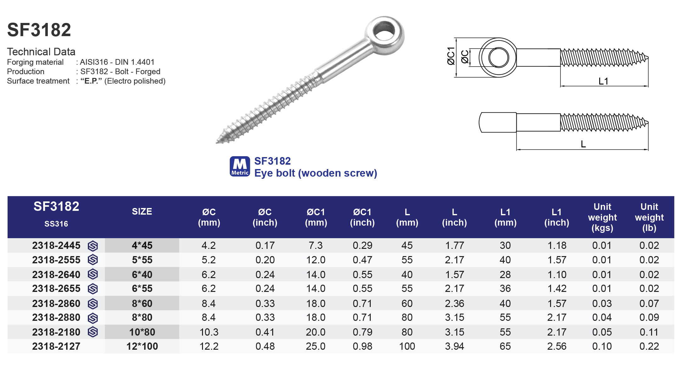 SF3182 Eye Bolt (wooden screw) - 316