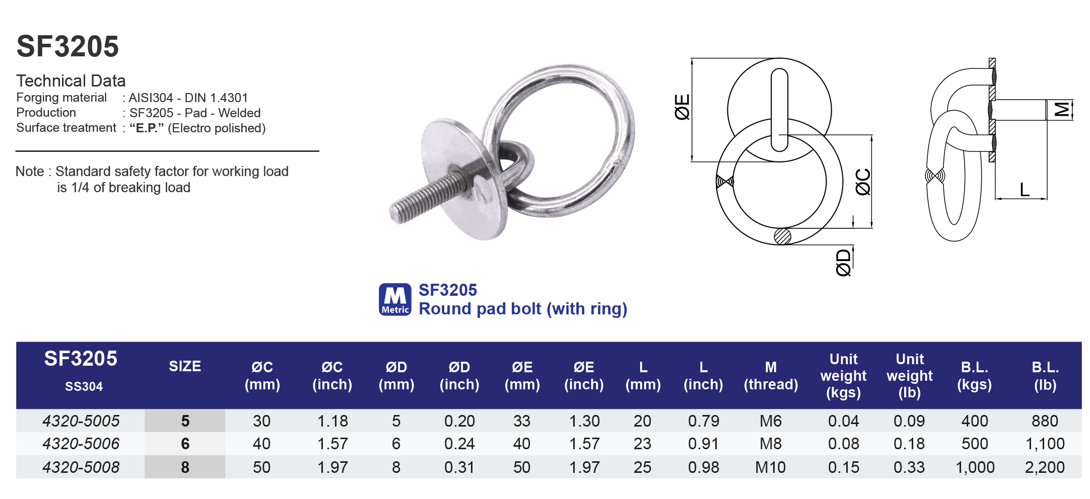 SF3205 Round Pad Bolt (with ring)