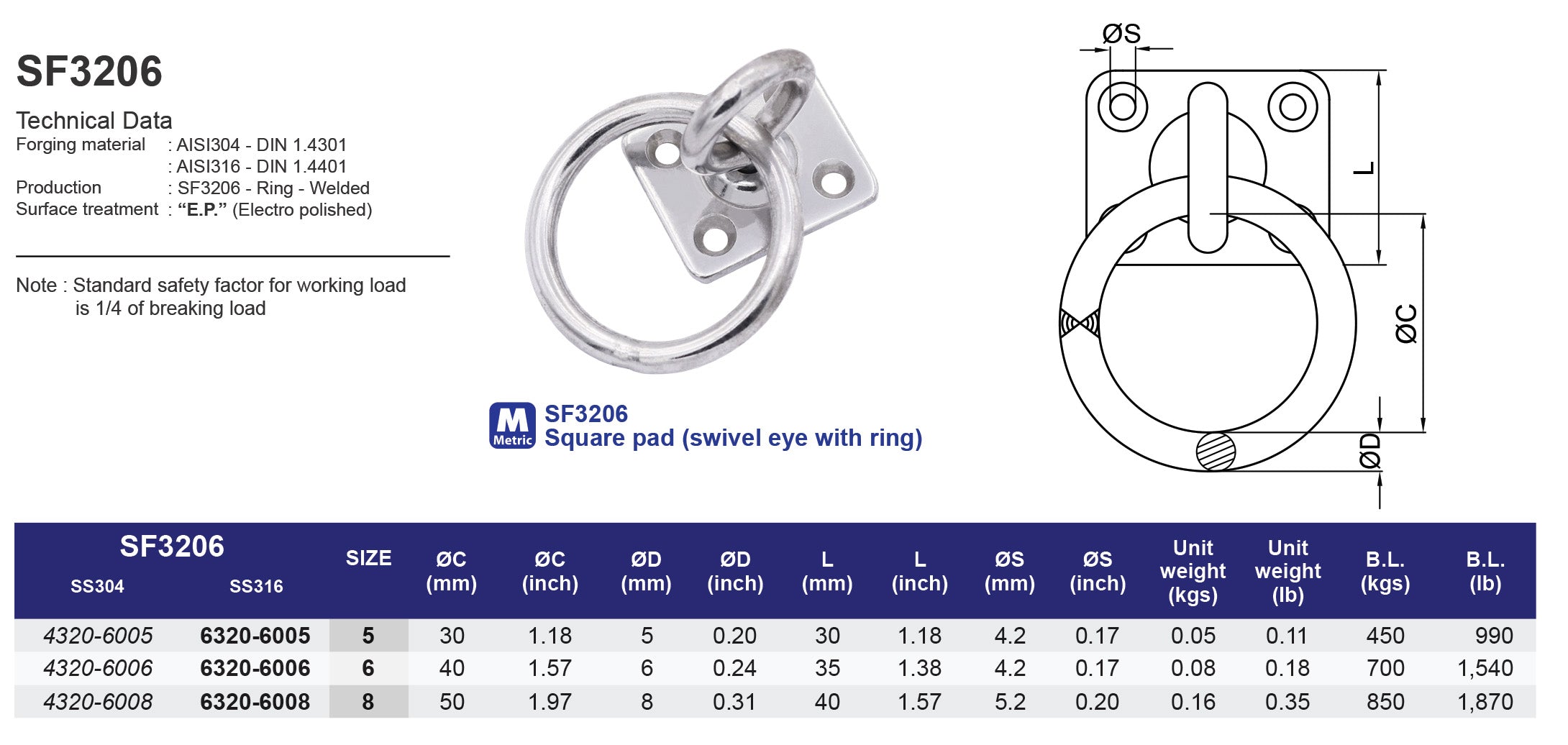 SF3206 Square Pad (swivel eye with ring) - 316