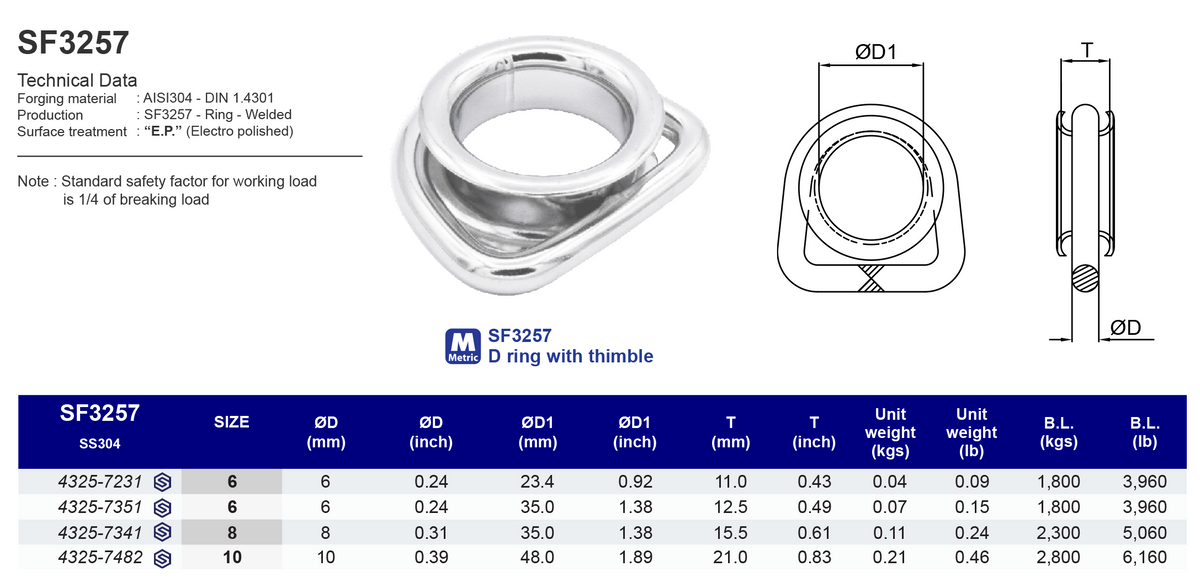 SF3257 D ring with thimble - 304