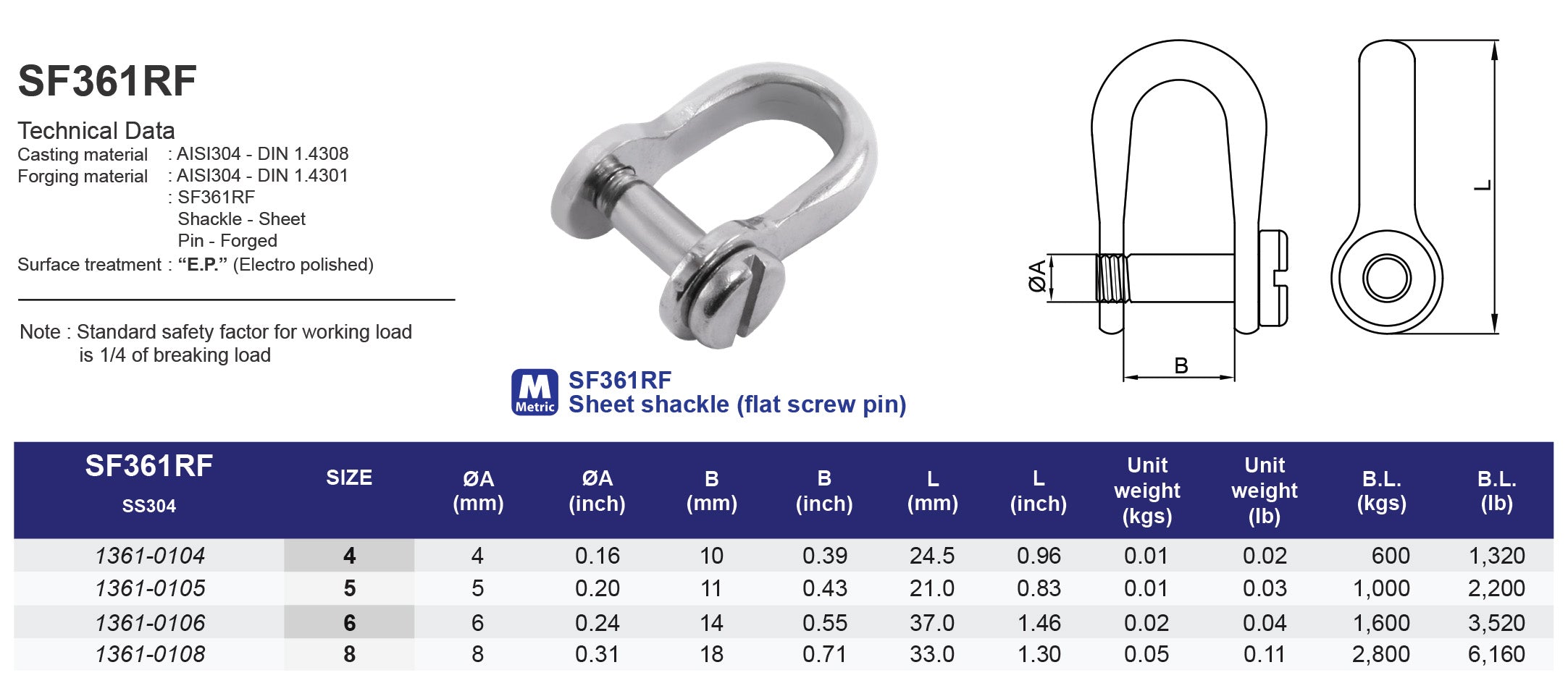 SF361RF Sheet shackle (flat screw pin) - 304