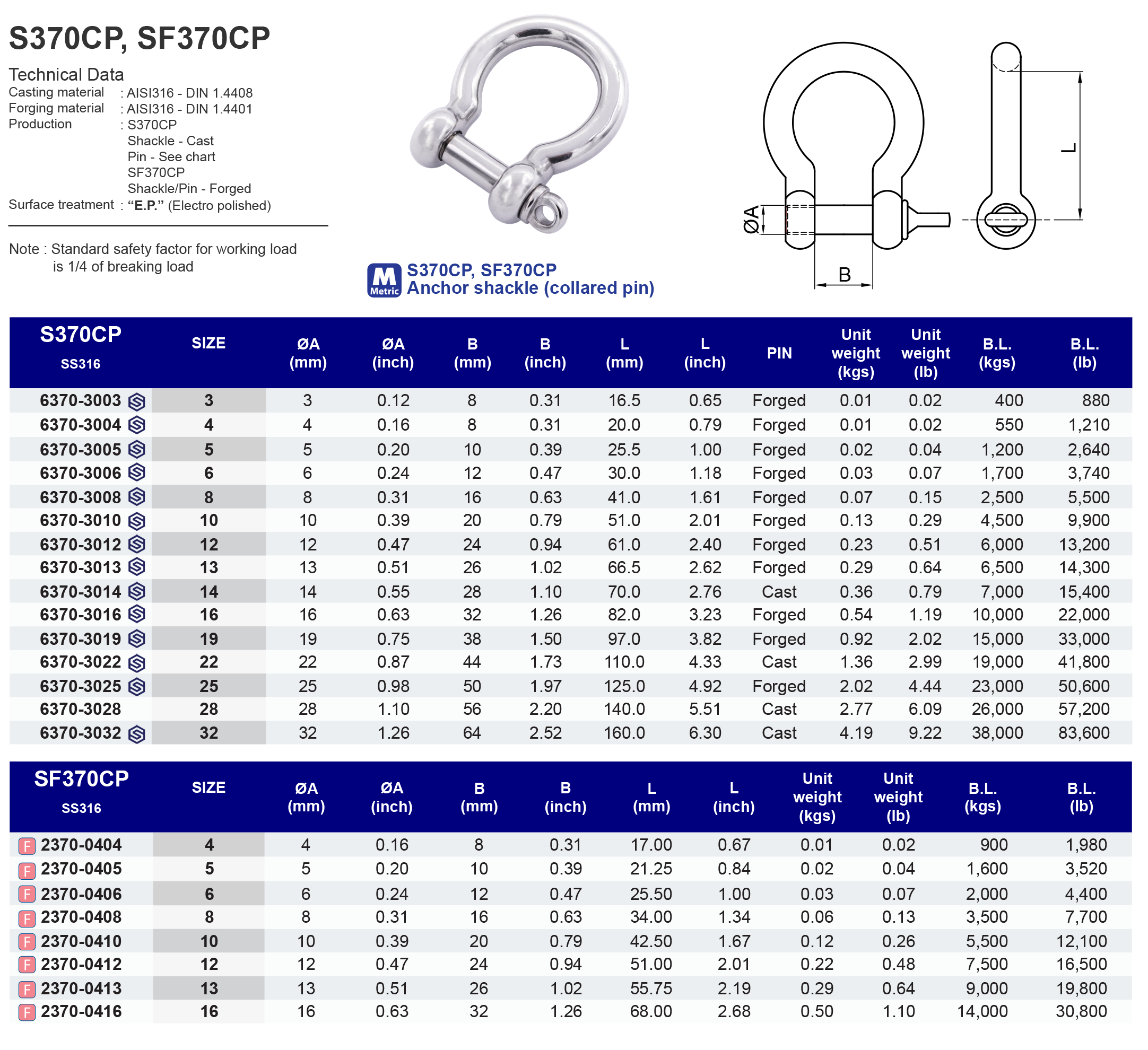 SF370CP Anchor Shackle - Forged (collared pin) - 316