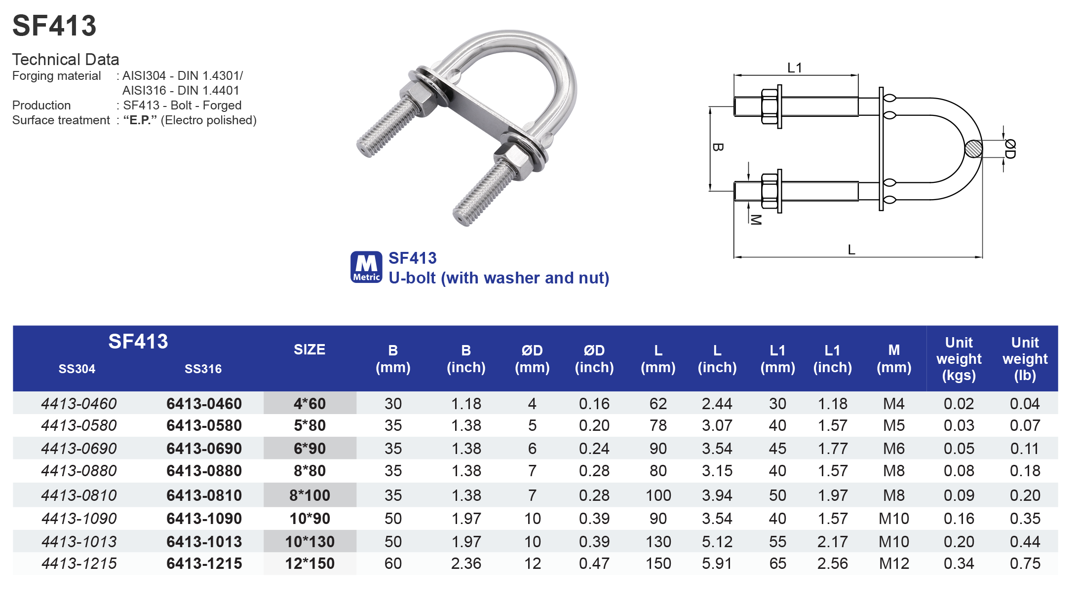 SF413 U-bolt (with washer and nut) - 304