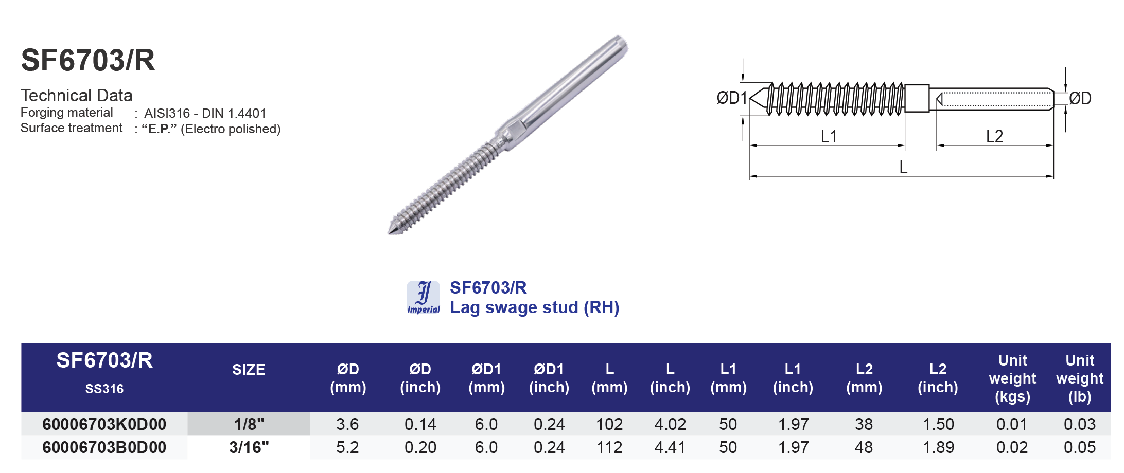 SF6703R Hand swage Lag swage stud (RH)