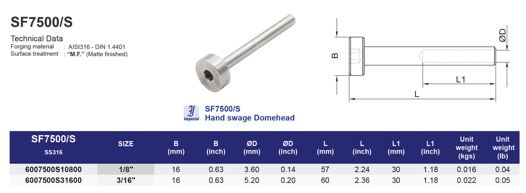 SF7500/S Hand swage Domehead