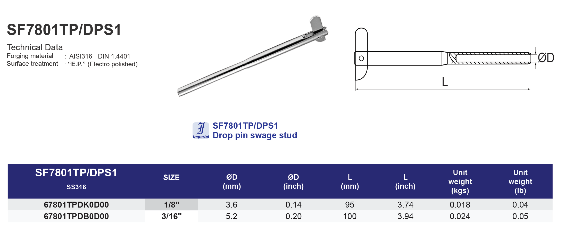 SF7801TP/DPS1 Drop pin swage stud