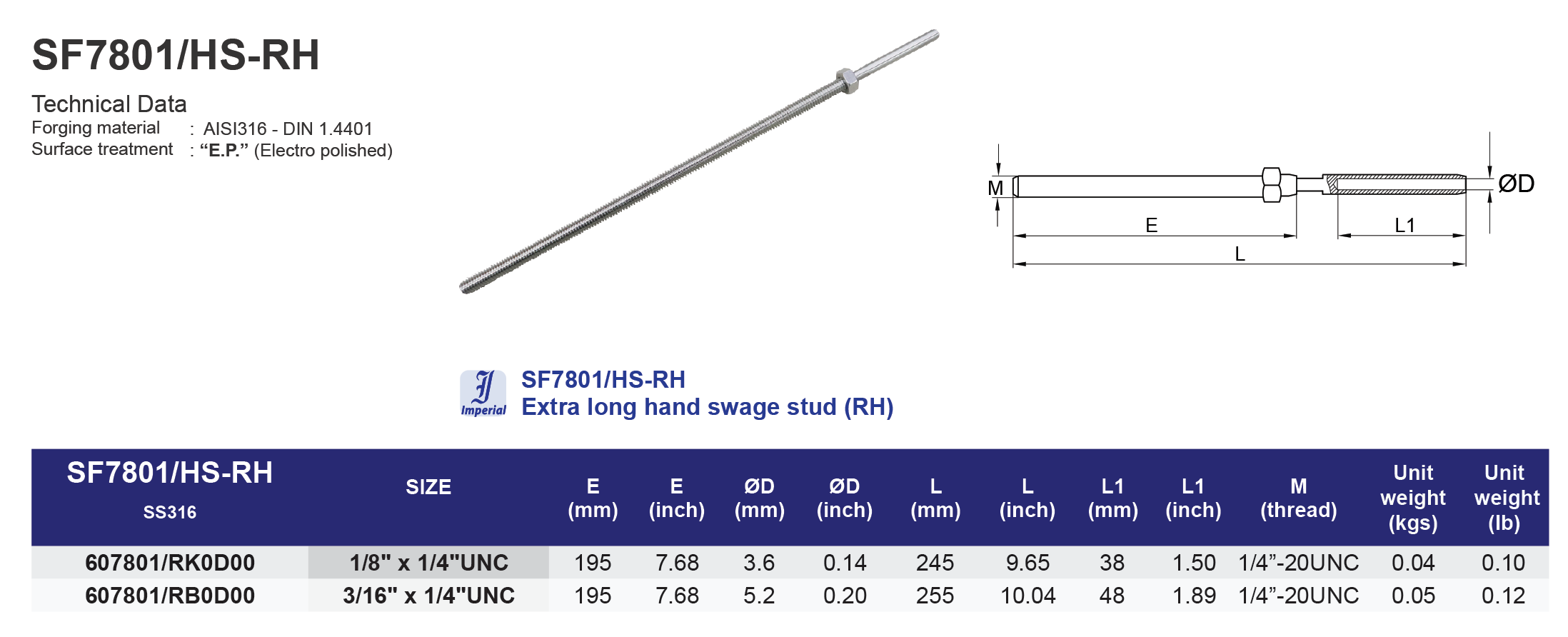 SF7801/HS-RH Extra long hand swage stud (RH)