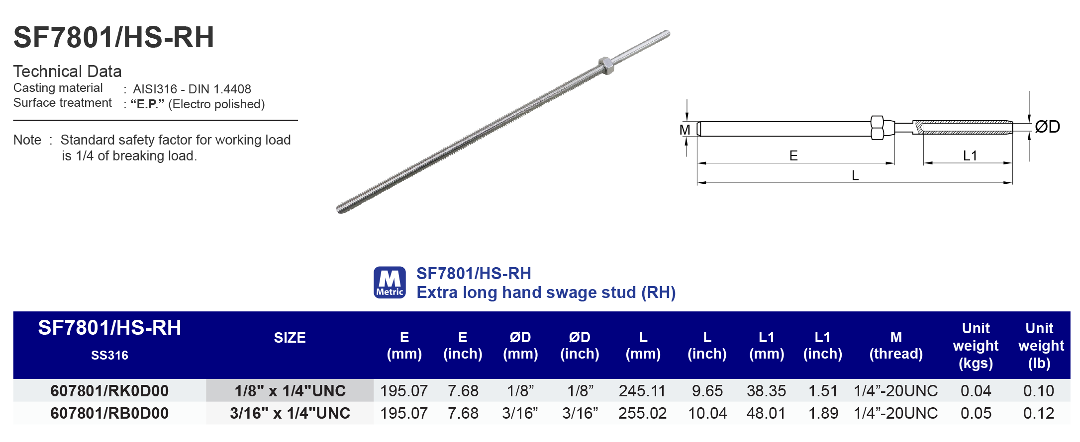 SF7801/HS-LH Extra long hand swage stud (LH)