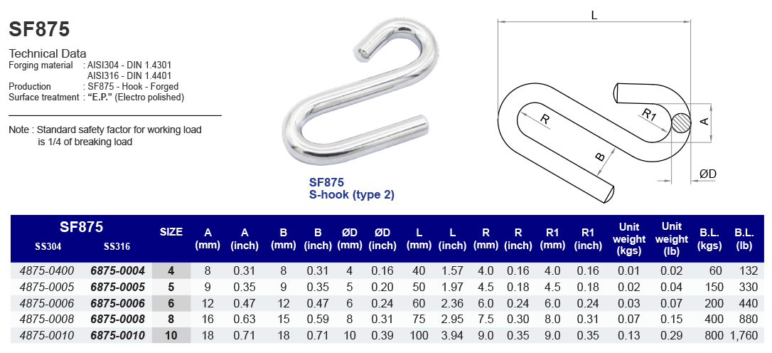 SF875 S-hook (type 2) - 304