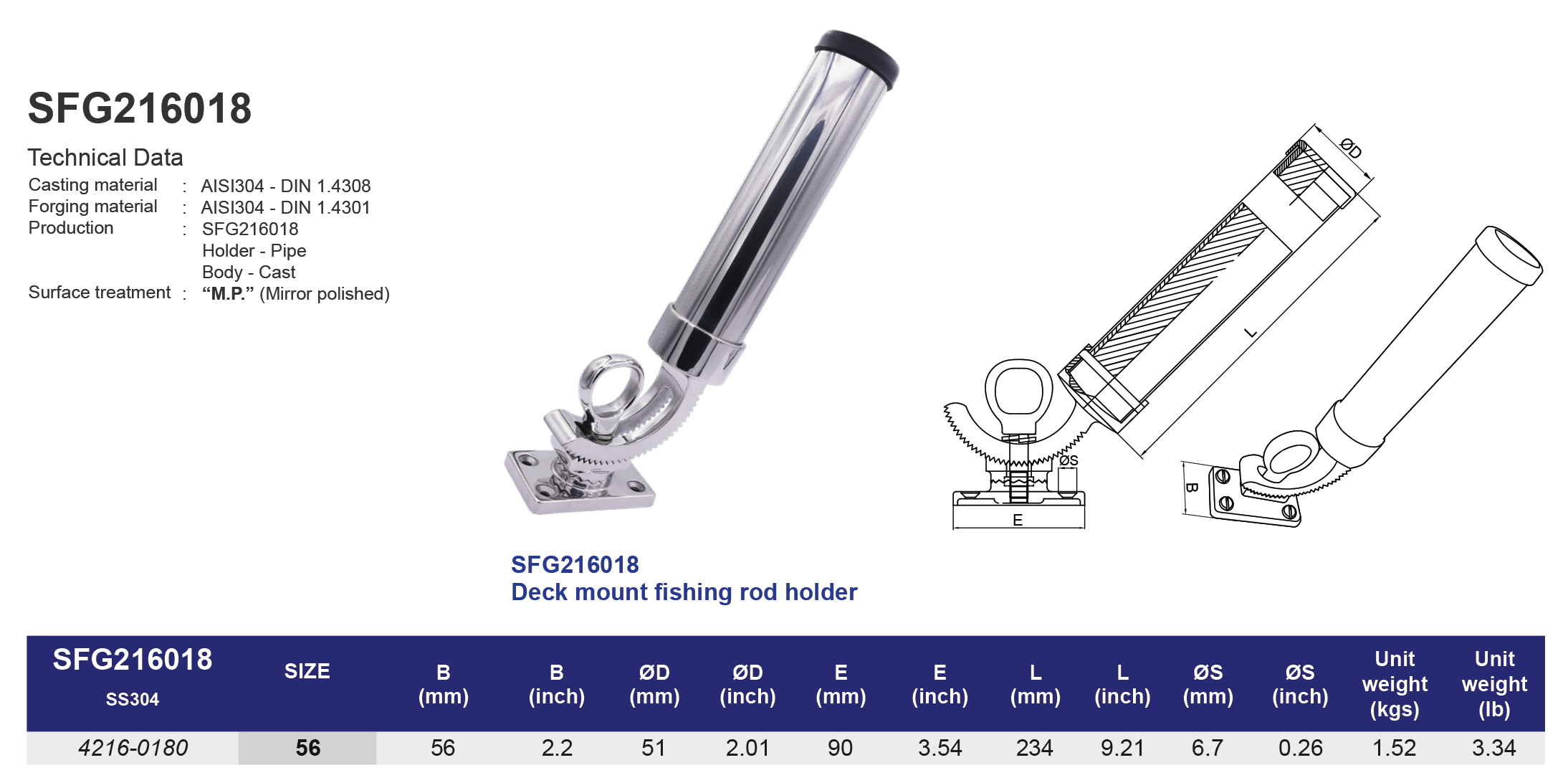 SFG216018 Deck mount fishing rod holder - 304