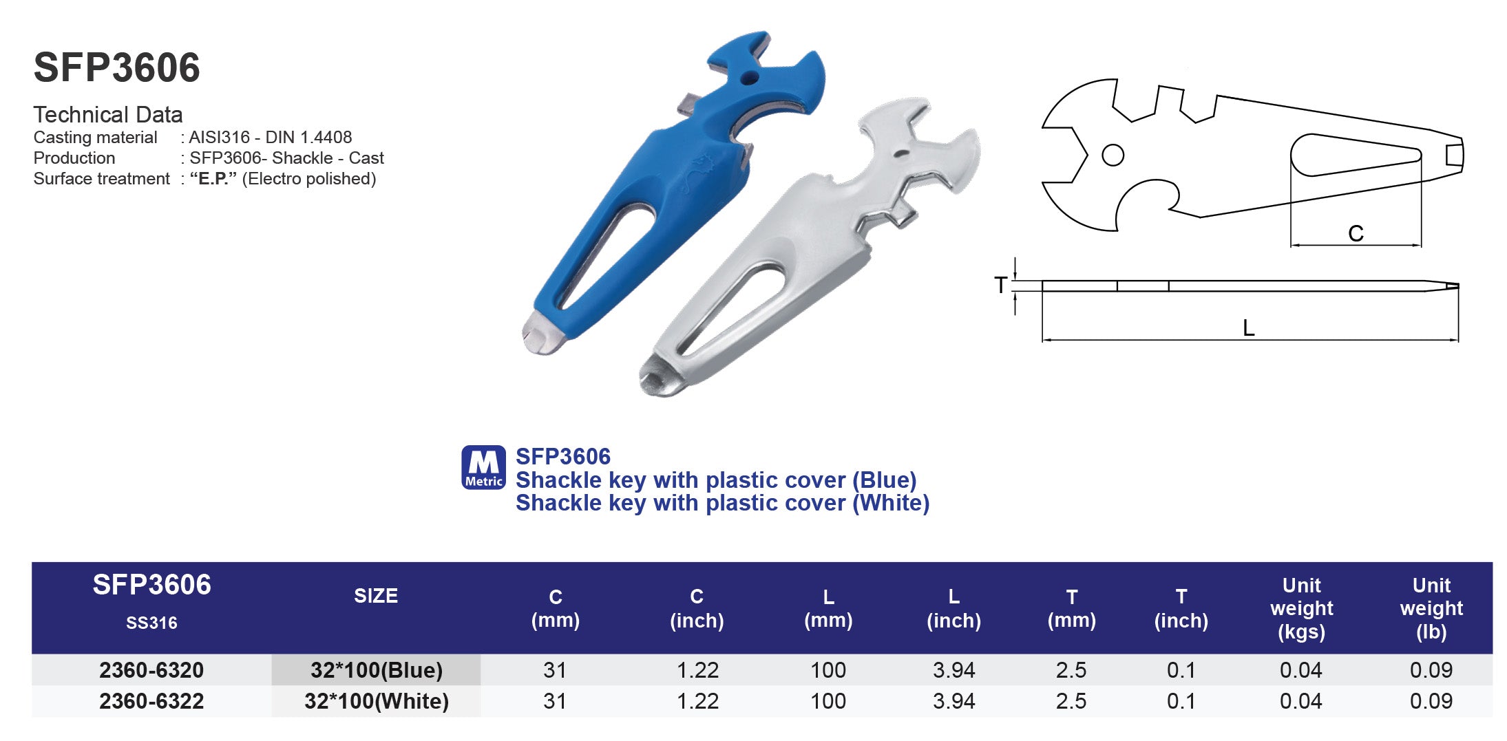 SFP3606 Shackle key with plastic cover ( Blue , White ) - 316