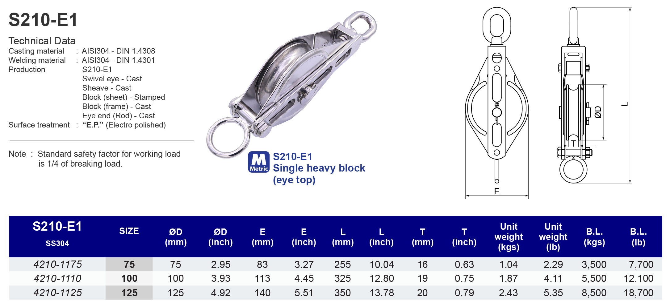 S210-E1 Single heavy block (eye top) - 304