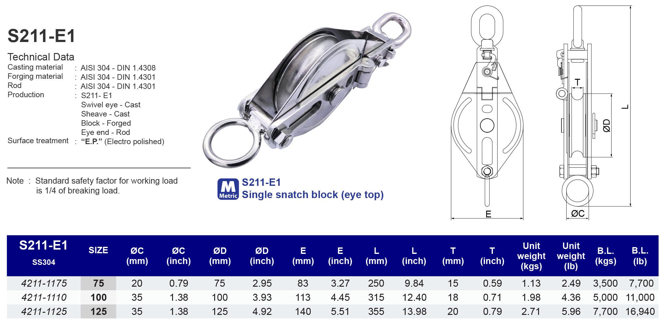 S211-E1 Single snatch block (eye top) - 304