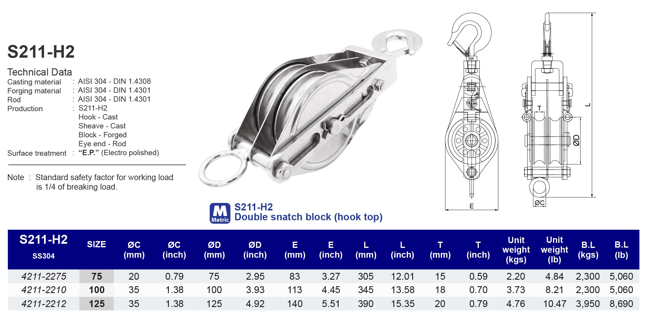 S211-H2 Double snatch block (hook top) - 304