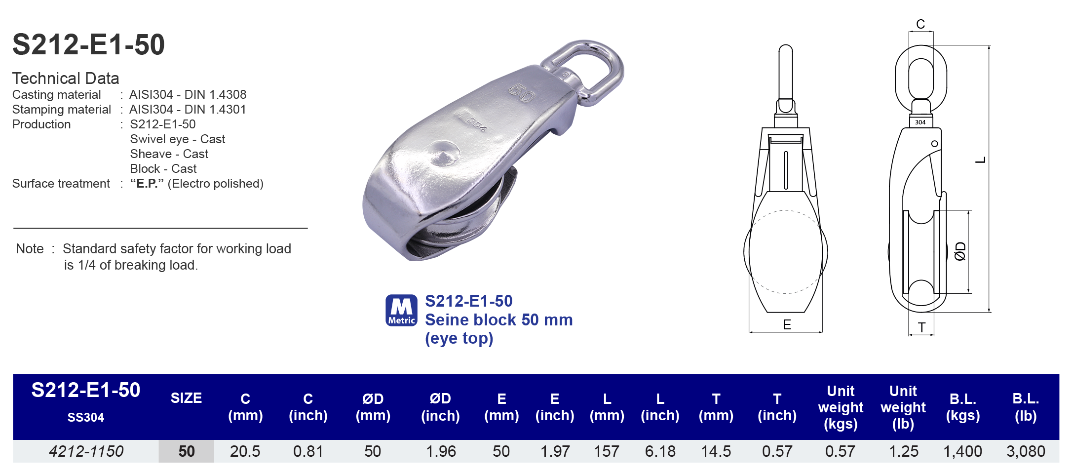 S212-E1-50 Seine block 50 mm (eye top) - 304